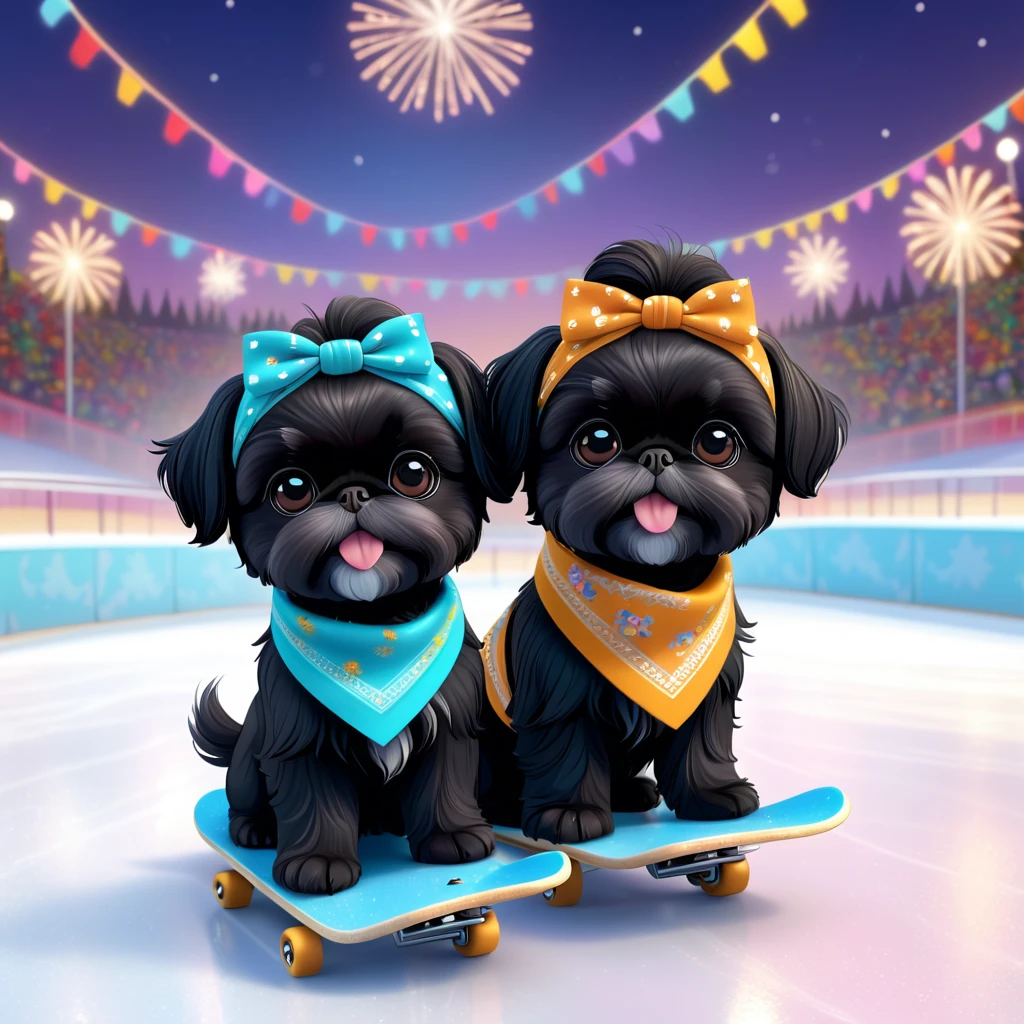 2 Adorable small black Shih Tzu puppies wearing bright bandannas at skating rink Disney background 3d cartoon 3d render disney pixar style