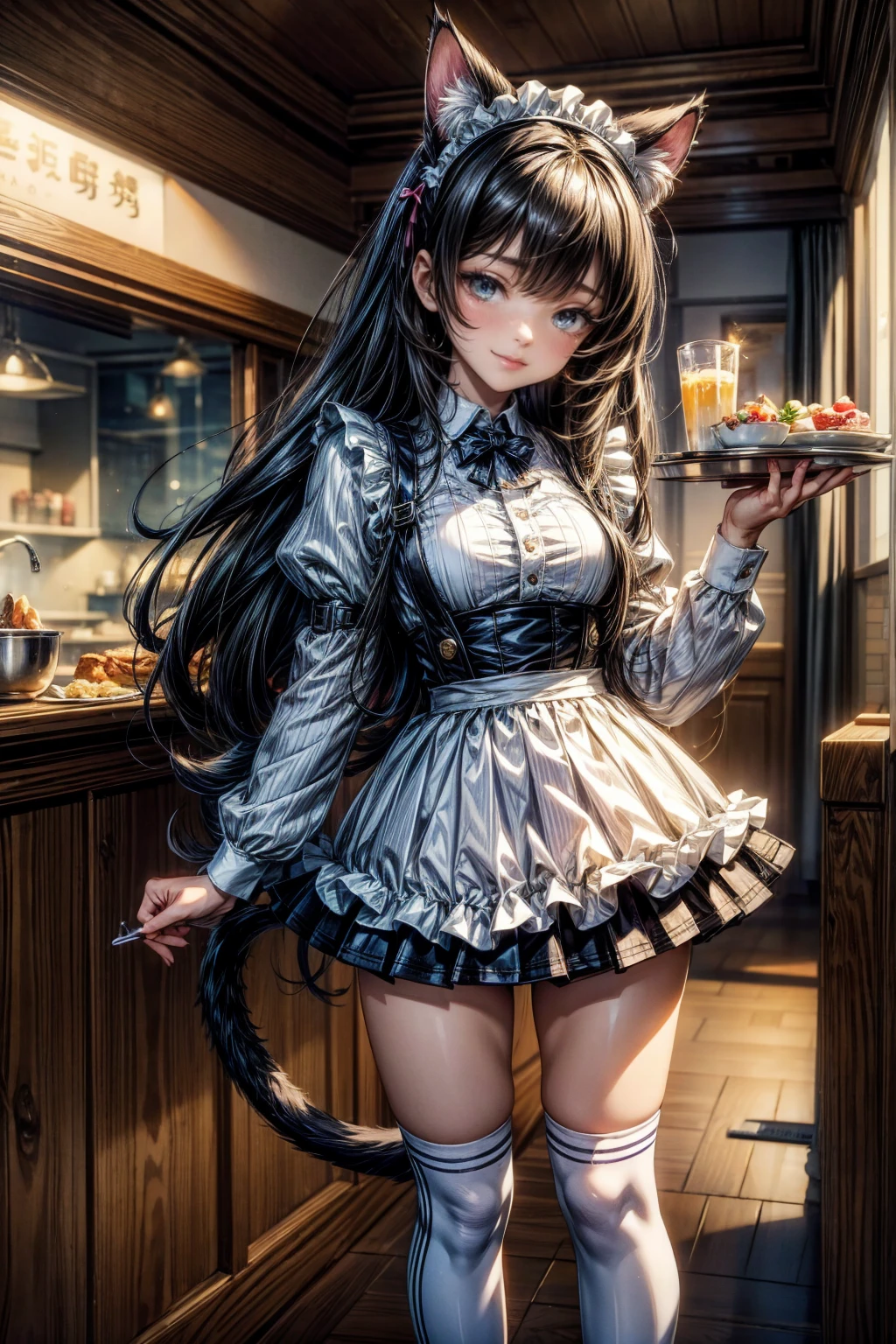 One Girl、(20-year-old woman)、Cat ears headband、Cat tail、Maid、Holding a tray with two parfaits on it in one hand、With the other hand, lift your skirt to show your underwear、Short skirt、White knee-high socks、Striped pants、Highest quality、8K、Beautiful Face、Mischievous smile、Wink、View Viewer、Bright cafe