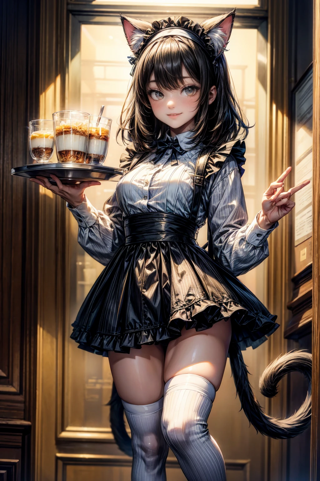 One Girl、(20-year-old woman)、Cat ears headband、Cat tail、Maid、Holding a tray with two parfaits on it in one hand、With the other hand, lift your skirt to show your underwear、Short skirt、White knee-high socks、Striped pants、Highest quality、8K、Beautiful Face、Mischievous smile、Wink、View Viewer、Bright cafe