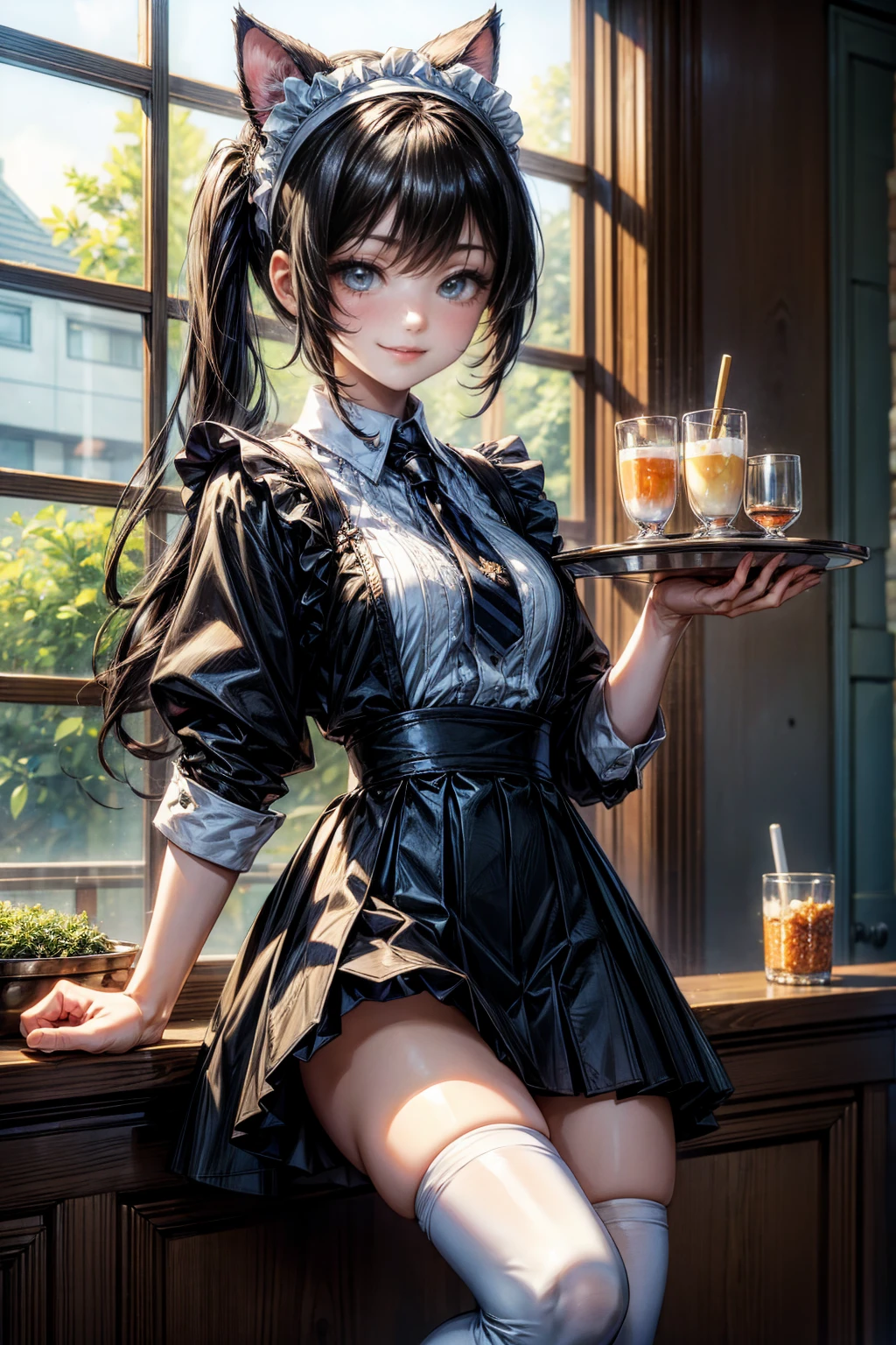 One Girl、(20-year-old woman)、Cat ears headband、Cat tail、Maid、Holding a tray with two parfaits on it in one hand、With the other hand, lift your skirt to show your underwear、Short skirt、White knee-high socks、Striped pants、Highest quality、8K、Beautiful Face、Mischievous smile、Wink、View Viewer、Bright cafe