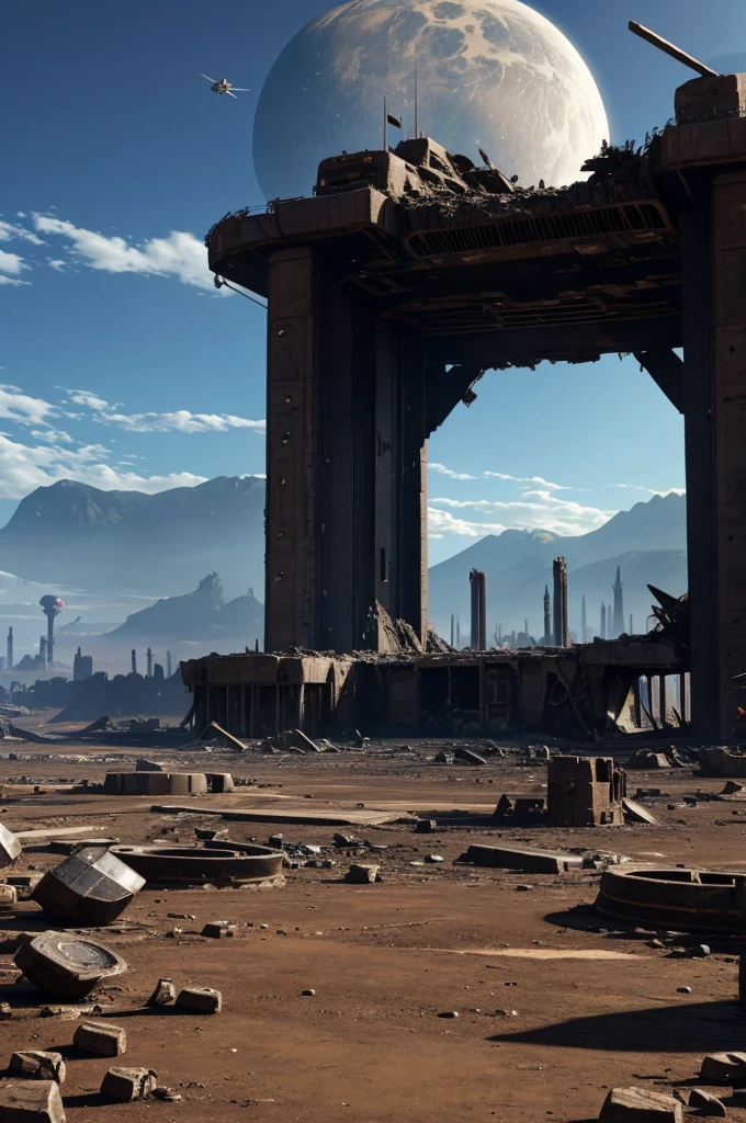 Background of a planet destroyed by a battle of biblical proportions with a ruined platform in the background