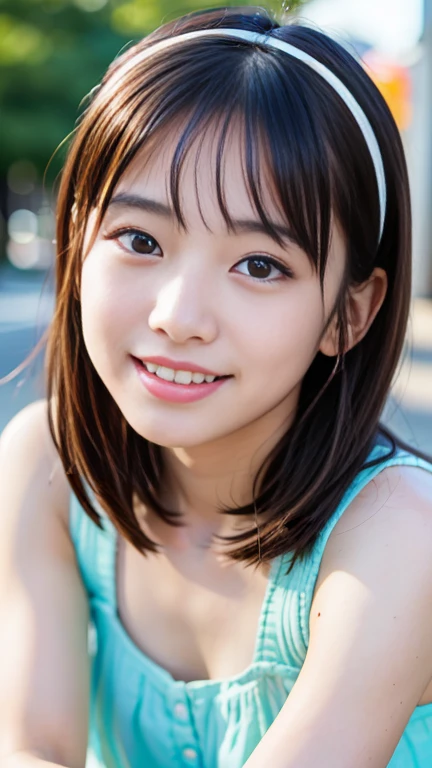 Highest quality, masterpiece, Ultra-high resolution, (Realistic:1.4), Raw photo, One girl, Age 25, Most popular Japanese idols, An innocent smile, extremely cute face like Most popular Japanese idols、freckles、Drooping eyes、Droopy eyes、blush、Open your mouth a little、Double teeth、Pasties、High angle、Look up、Bobcut、Headband