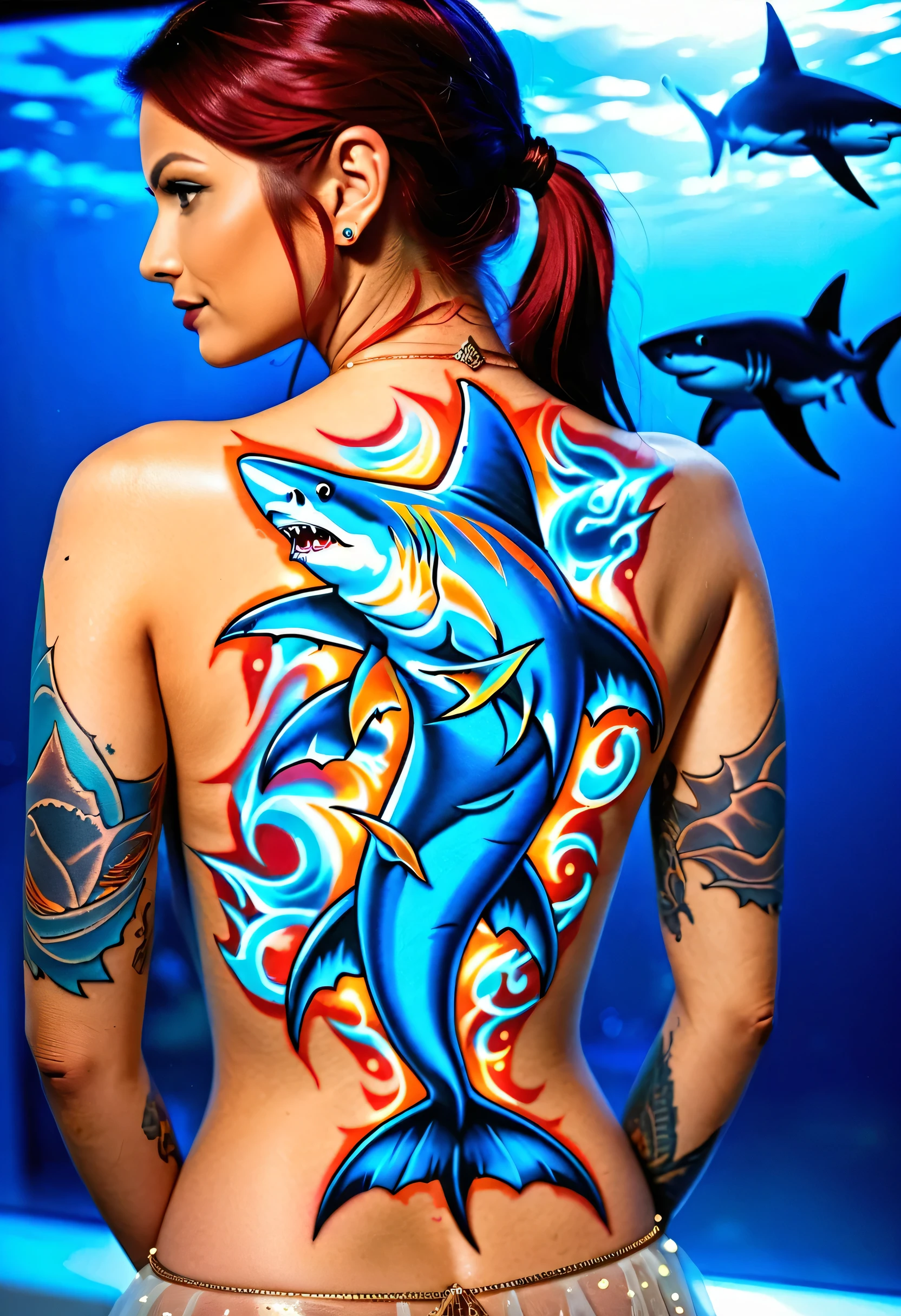 Arafed, a picture of a ((shark tattoo: 1.5)) on the back of a female elf, of  glowing tattoo of a ((blue shark: 1.3)) the shark tattoo is vivid, intricate detailed coming to life rising from the ink to real life, ,  AlchemyPunkAI, shoot taken from the back, ((the back is visible: 1.3), she wears a transparent dress that the tattoos glow,