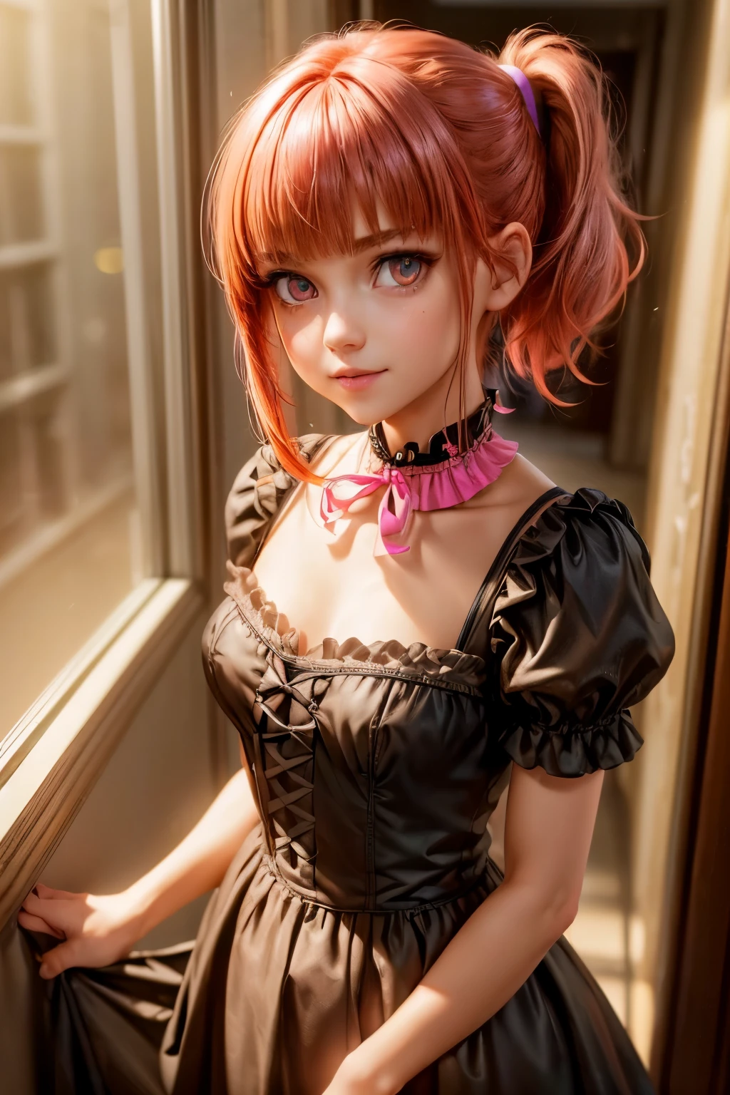 {{{{masterpiece}}}},{{{emaiti}}}, {{{Super detailed}}}, {{{high resolution}}}, {{good anatomy}}, (((best quality))),(((neon pink eyes))),{{Extremely detailed and refined}}, {4k CG wallpaper}, {{illustration}}, ((red hair)),((looking out a window,in school)),(((face portrait,detailed face,big big eyeballs,standing,bust,standing))),(((sideponytail:1.2|short hair|ponytail|Detailed hair|blunt bangs|shiny hair))),(((Gothic blonde outfit,dress frills,neck collar))),{{{happy,smile with teeth}}},(lesbian,1 woman:1),(small breasts),masterlighting,((The details are complex、Shallow depth of field、movie lighting、Reflectors、a Canon EOS R5、50mm lens、f / 2.8、shot at 8k resolution)),yandere girl,lesbian,Three View, Best anime 4k,short detailed hair,gary gradient background, Expressionless, Delicate