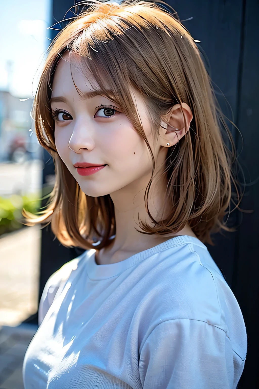 (8K, RAW Photos, 最high quality、masterpiece:1.2), (Realistic、Realistic:1.37), 1 Girl, Laughter, View your viewers, The background is blue sky,  Blurred Background, Particles of light, Strong winds, Detailed face and eyes, Soft cinematic light, Hyper Detail, Sharp focus, high quality, Blonde, Bobcut,Profile photo