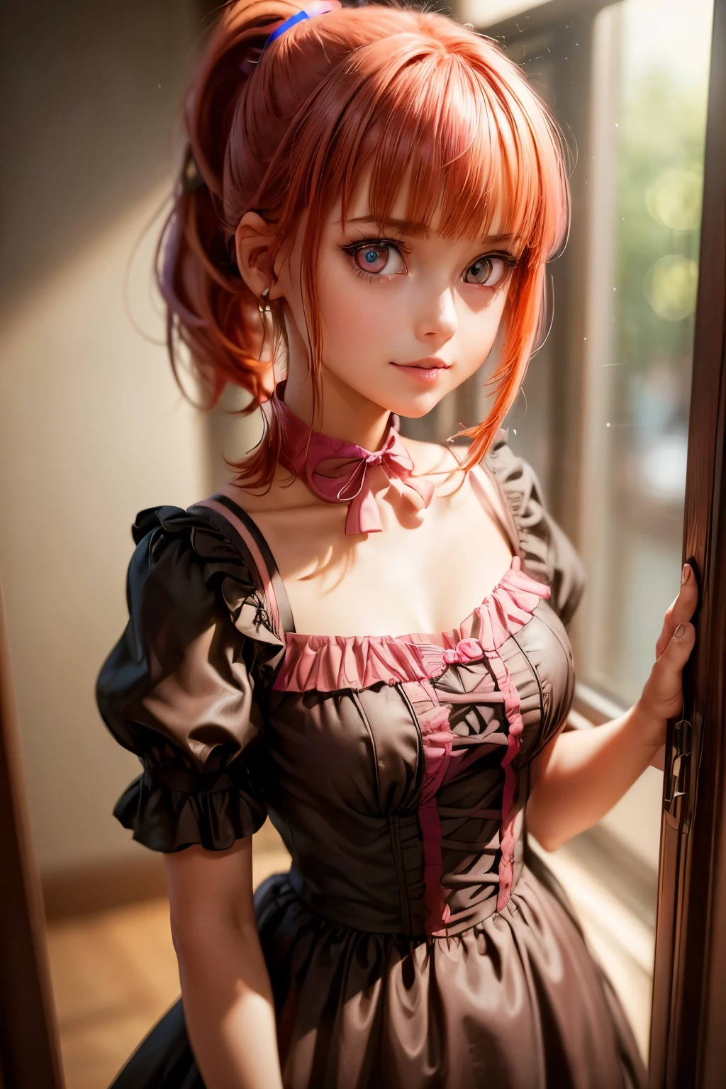 {{{{masterpiece}}}},{{{emaiti}}}, {{{Super detailed}}}, {{{high resolution}}}, {{good anatomy}}, (((best quality))),(((neon pink eyes))),{{Extremely detailed and refined}}, {4k CG wallpaper}, {{illustration}}, ((red hair)),((looking out a window,in school)),(((face portrait,detailed face,big big eyeballs,standing,bust,standing))),(((sideponytail:1.2|short hair|ponytail|Detailed hair|blunt bangs|shiny hair))),(((Gothic blonde outfit,dress frills,neck collar))),{{{happy,smile with teeth}}},(lesbian,1 woman:1),(small breasts),masterlighting,((The details are complex、Shallow depth of field、movie lighting、Reflectors、a Canon EOS R5、50mm lens、f / 2.8、shot at 8k resolution)),yandere girl,lesbian，Three View, Best anime 4k，short detailed hair,gary gradient background, Expressionless, Delicate