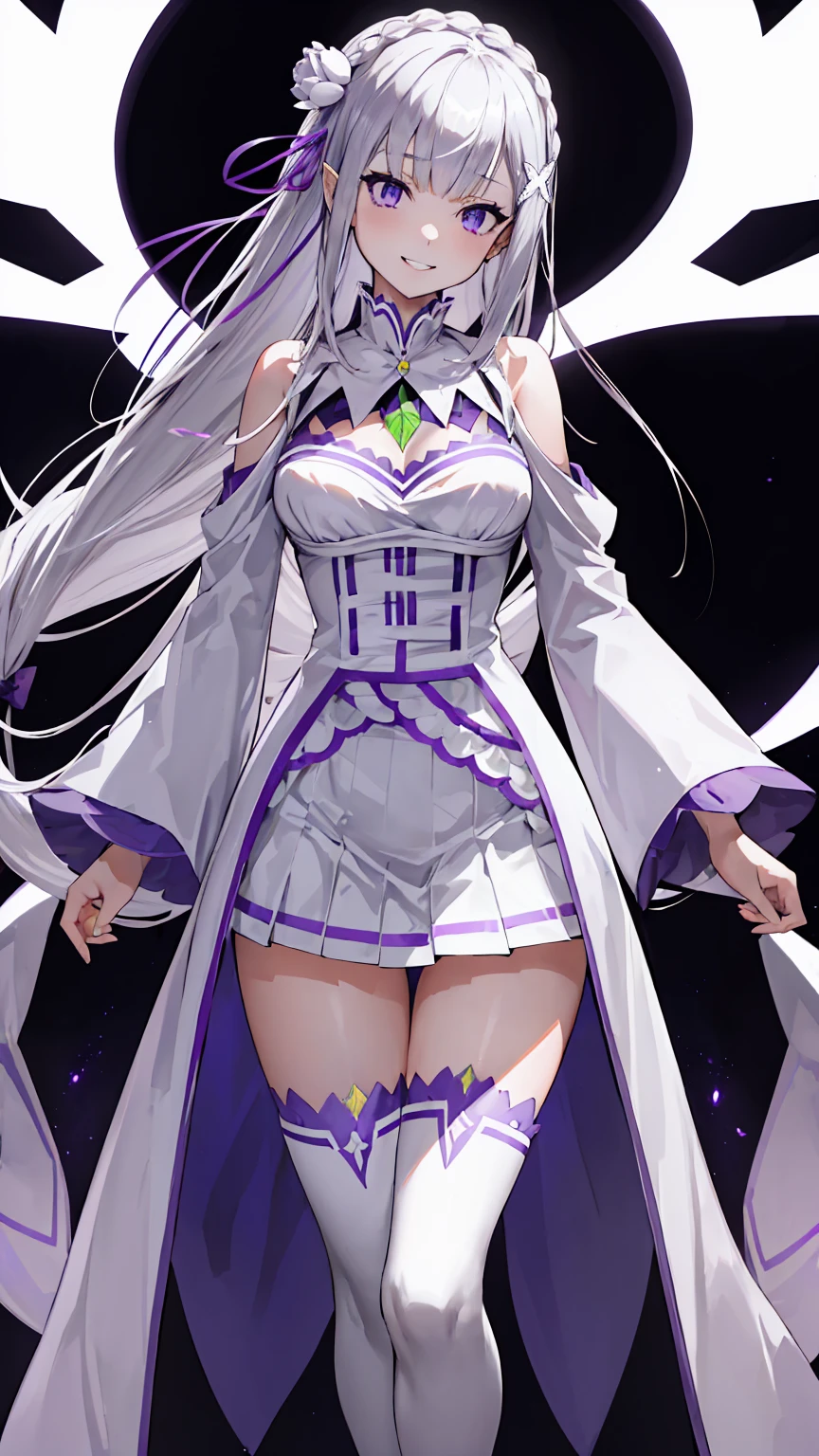 Lezero Emilia, emilia, braid, Crown braid, flower, Hair Flower, hair ornament, Hair Ribbon, Long hair, pointy ear, (Purple eyes:1.2), White hair, x hair ornament,
Break Detach Color, Detached sleeves, frilly sleeves, frilld, Long sleeves, Miniskirt, Pleated skirt, bow ribbon, Skirt, thighs thighs thighs thighs, White skirt, White sleeves, white thighhig, Wide sleeves, zettai ryouiki,

 BREAK (masutepiece:1.2), Best Quality, High resolution, Unity 8k Wallpaper, (Illustration:0.8), (Beautiful detailed eyes:1.6), extra detailed face, Perfect Lighting, extremely details CG, (Perfect hands, Perfect Anatomy),is standing、Evil Fall, 1girl in, solo, pubic tattoo,Lipakeup、lip stick、eye line / Mascara Eyeshadow Evil Fall、Bad Woman、bad looking、Empty eyes、Psychopaths、Eyes pink、Grinning、Smile, lightsmile,Knives、low angles、leggy、Long leguchimuchi、Transparent pupils、, fullbody image、high-heels、High heels、smile, Purple Lipstick、saliva, Micro Mini Skirt、Standing、(half:1.3), Wide Hips, Thick thighs, (Thigh Gap:1.2), Big Boobs, (shaving、1 Girl, whole body,look up:1.4）