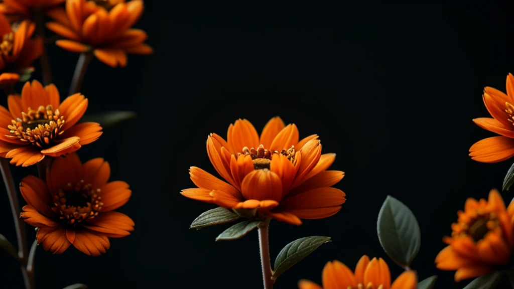 an orange and black image with several small flowers scattered throughout the image with highly detailed orange and black tones ,8K ,ultra HD , 