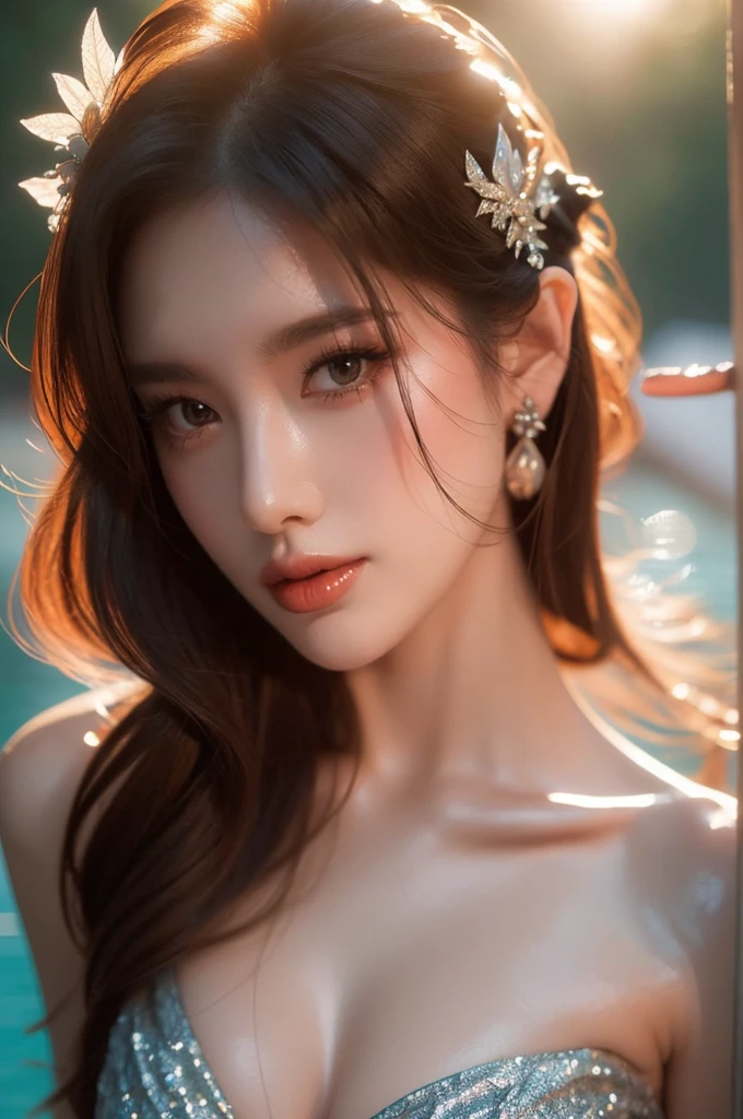 A radiant woman with a charming smile and sparkling eyes is posing as a mermaid. She's wearing a shimmering mermaid tail and bikini top, surrounded by a beautiful underwater setting. It's a daytime scene with a mystical, enchanting mood. The lighting is soft and magical, creating a dreamy atmosphere. (solo), (close eye: 1.5), (close up shot: 1.5), (perfect anatomy: 1.3), (daytime: 1.3), (mystical enchanting mood: 1.5), (soft magical lighting: 1.4), (fantasy style: 1.3), (vivid colors: 1.2), (cinematic composition: 1.3), (professional photography: 1.4), (high detail: 1.5).