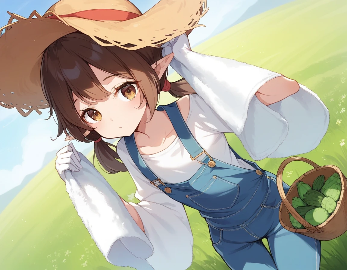 BREAK Perfect Anatomy、(High resolution:1.2)、Incredible illustrations、(Cute illustrations:1.2)、()
(cinematic angle,solo focus,) （Beautiful background（vegetable field),
  1girl(brown hair,twin tails) a girl,elf 1.7meters, 45kg,flat chest,  
  (straw hat,towel around neck,denim overalls,,oversized long sleeve shirt,work gloves)
A girl shipping cabbage in a basket