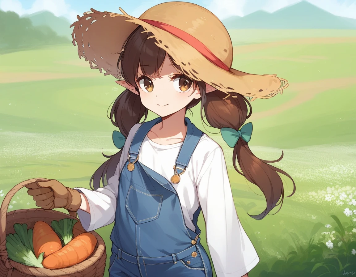 BREAK Perfect Anatomy、(High resolution:1.2)、Incredible illustrations、(Cute illustrations:1.2)、()
(cinematic angle,solo focus,) (Beautiful background(vegetable field),
1girl(brown hair,twin tails) a girl,elf 1.7meters, 45kg,flat chest,
(straw hat,towel around neck,denim overalls,,oversized long sleeve shirt,work gloves)
A girl shipping cabbage in a basket