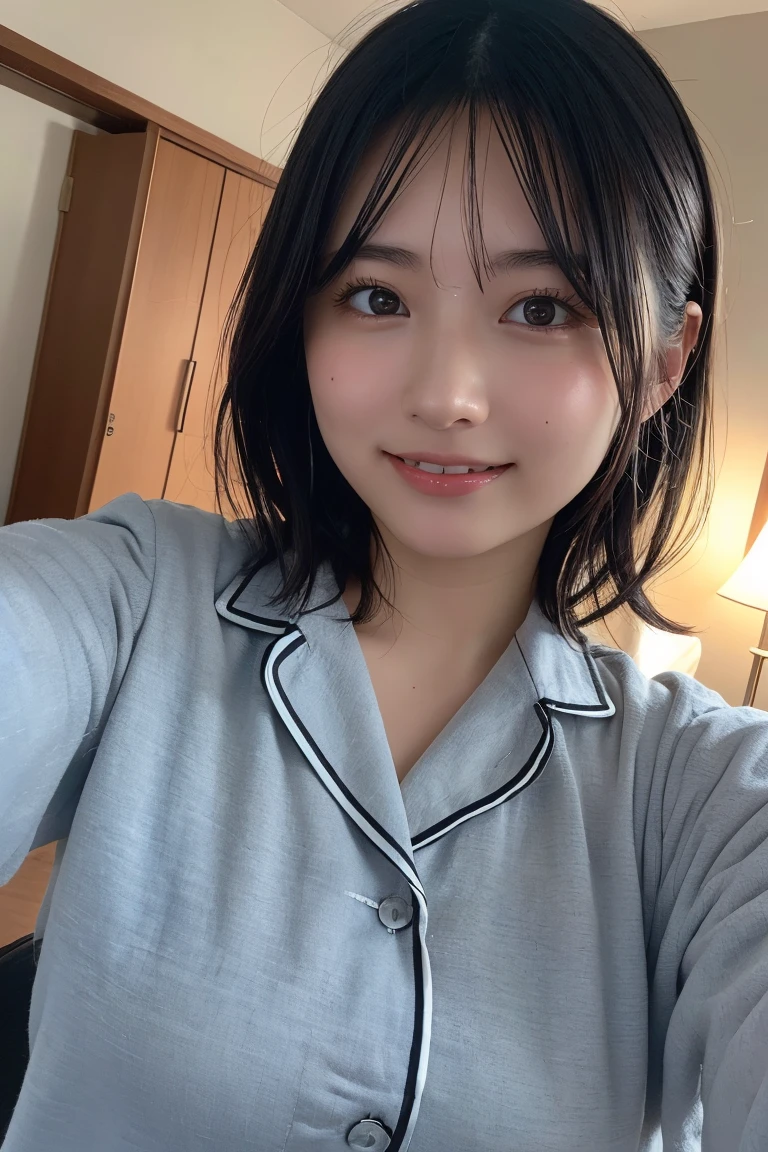 (8K, RAW Photos, Highest quality, High resolution: 1.1), (ultra Realistic: 1.4), (Realistic, Realistic: 1.3), The Beauty of Japan, pajamas, ((Upper Body: 1.3)) High resolution, Realistic image of a Japanese woman with short hair, She has big breasts and red cheeks, Look at that, smile She looks at it, smile, While taking a selfie. Her smartphone is close to her face. She appears to be live streaming from her home., Spread on the bed, With a blanket over my chest.