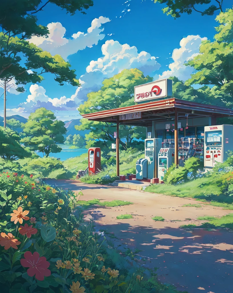 a painting of a gas station with a gas pump and flowers, (japanese shop sign), (vending machine), anime background art, beautiful anime scenery, ross tran. scenic background, anime scenery concept art, beautiful anime scene, anime scenery, anime countryside landscape, anime background, colorful anime movie background, anime beautiful peace scene, studio glibly makoto shinkai, style of makoto shinkai, beautiful anime artwork