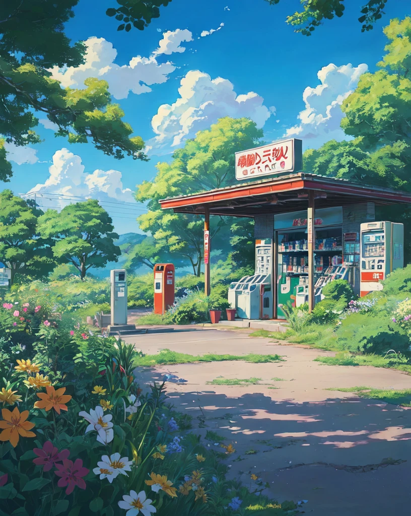 a painting of a gas station with a gas pump and flowers, (japanese shop sign), (vending machine), anime background art, beautiful anime scenery, ross tran. scenic background, anime scenery concept art, beautiful anime scene, anime scenery, anime countryside landscape, anime background, colorful anime movie background, anime beautiful peace scene, studio glibly makoto shinkai, style of makoto shinkai, beautiful anime artwork