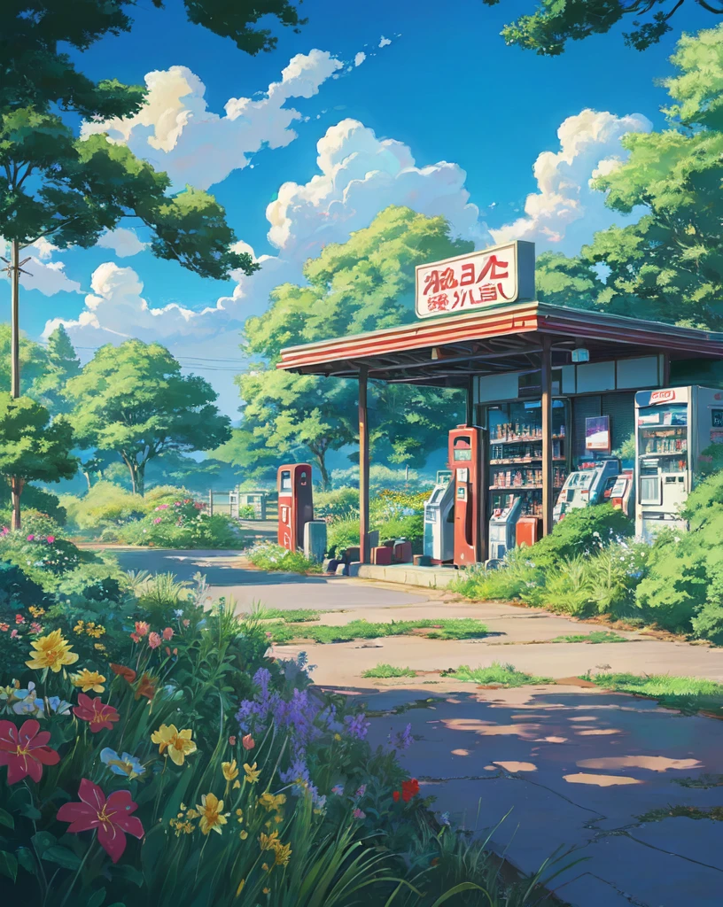 a painting of a gas station with a gas pump and flowers, (japanese shop sign), (vending machine), anime background art, beautiful anime scenery, ross tran. scenic background, anime scenery concept art, beautiful anime scene, anime scenery, anime countryside landscape, anime background, colorful anime movie background, anime beautiful peace scene, studio glibly makoto shinkai, style of makoto shinkai, beautiful anime artwork