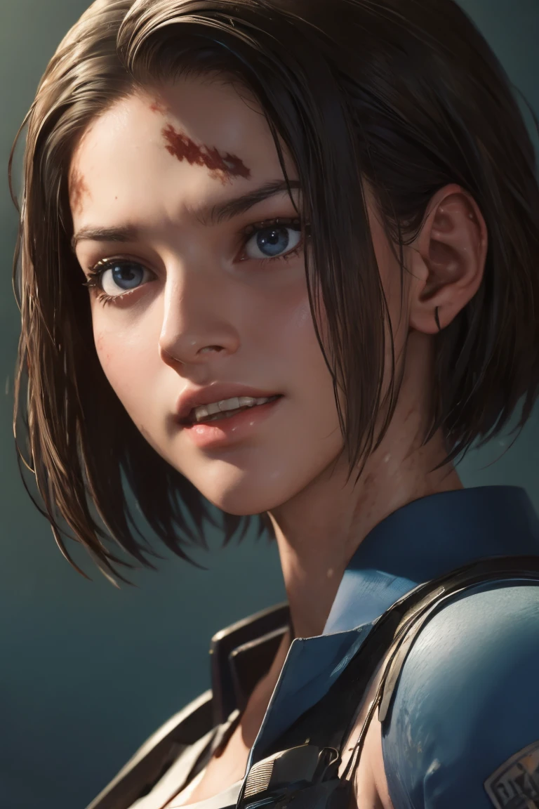 masterpiece, jill valentine, RE3 Remake, blue eyes:0.3, brown hair, oval face, long bob hair, dirt stains, portrait, 