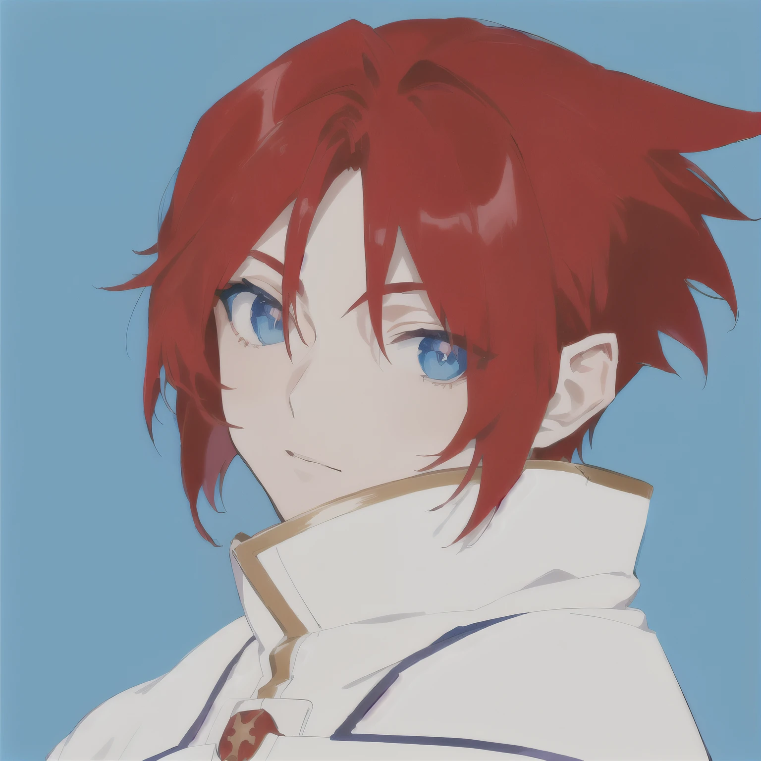 anime character with red hair and blue eyes, SCREENCAP LUKE FON FABRE, 1 RED HAIRED MALE, WHITE TURTLENECK, ARMS CROSSES, 8K, 4K, HIGHLY DETAILED, BY TALES OF SERIES, BY UFOTABLE