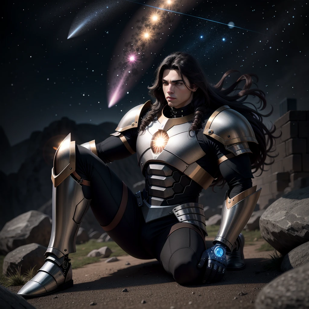 High resolution drawing of large full body long hair warrior facing camera with illuminated bionic armor with muscular body, head facing right, Sitting on a stone, comets and stars in the sky.