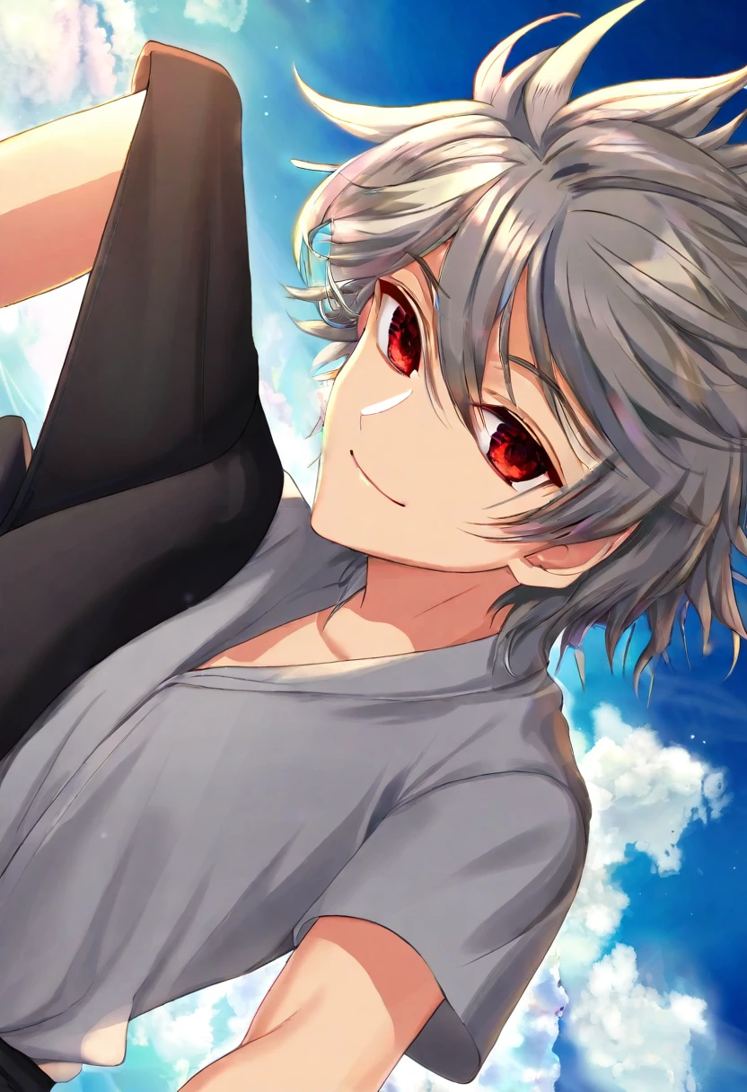 (masterpiece, Highest quality:1.2), (Ultra detailed face), (Very beautiful face), whole body, alone, Tall Boy, be patient, Male Focus, One boy, smile, View your viewers, Gray Hair, Red eyes, Clear eyes, Beautiful Eyes, Beautiful attention to detail, Long eyelashes,Short sleeve, Black trousers, Beautiful blue sky, Summer sky, Dynamic Angle Information