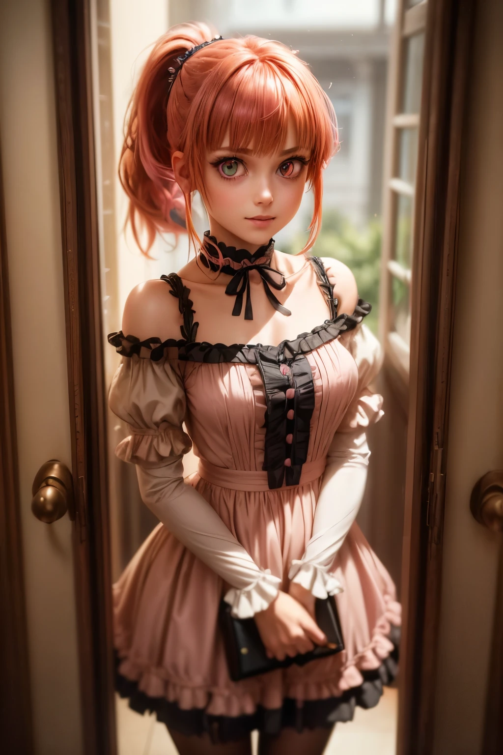 {{{{masterpiece}}}},{{{emaiti}}}, {{{Super detailed}}}, {{{high resolution}}}, {{good anatomy}}, (((best quality))),(((neon pink eyes))),{{Extremely detailed and refined}}, {4k CG wallpaper}, {{illustration}}, ((red hair)),((looking out a window,in school)),(((face portrait,detailed face,big big eyeballs,standing,bust,standing))),(((sideponytail:1.2|short hair|ponytail|Detailed hair|blunt bangs|shiny hair))),(((Gothic blonde outfit,dress frills,neck collar))),{{{happy,smile with teeth}}},(lesbian,1 woman:1),(small breasts),masterlighting,((The details are complex、Shallow depth of field、movie lighting、Reflectors、a Canon EOS R5、50mm lens、f / 2.8、shot at 8k resolution)),yandere girl,lesbian,Three View, Best anime 4k,short detailed hair,gary gradient background, Expressionless, Delicate