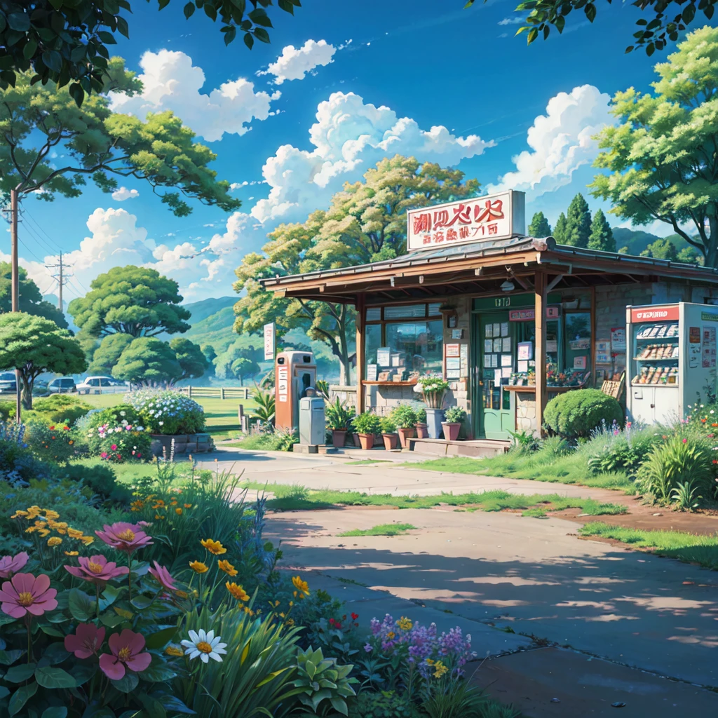 a painting of a gas station with a gas pump and flowers, (japanese shop sign), (vending machine), anime background art, beautiful anime scenery, ross tran. scenic background, anime scenery concept art, beautiful anime scene, anime scenery, anime countryside landscape, anime background, colorful anime movie background, anime beautiful peace scene, studio glibly makoto shinkai, style of makoto shinkai, beautiful anime artwork