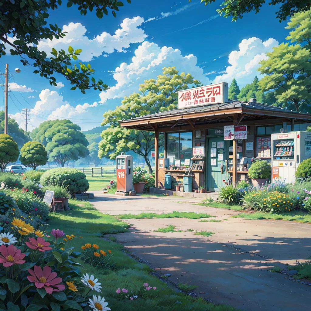 a painting of a gas station with a gas pump and flowers, (japanese shop sign), (vending machine), anime background art, beautiful anime scenery, ross tran. scenic background, anime scenery concept art, beautiful anime scene, anime scenery, anime countryside landscape, anime background, colorful anime movie background, anime beautiful peace scene, studio glibly makoto shinkai, style of makoto shinkai, beautiful anime artwork