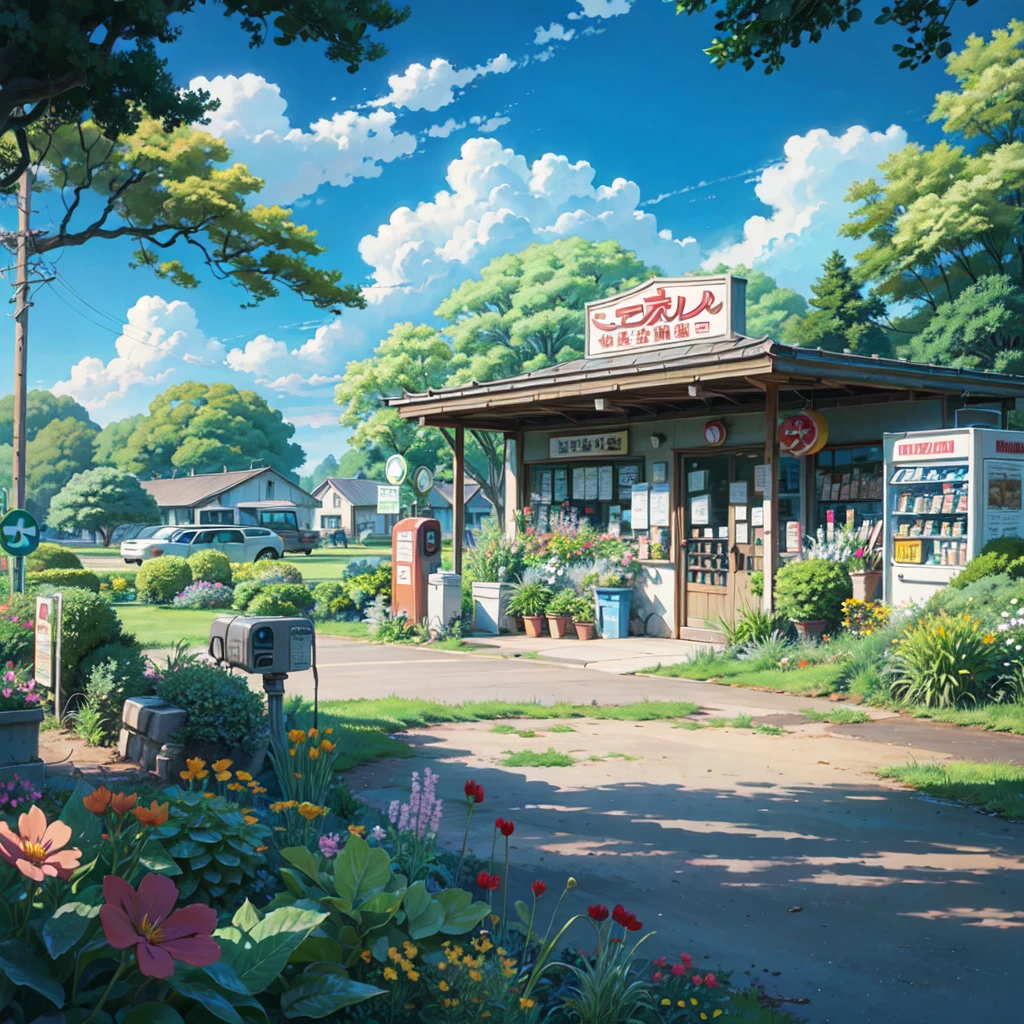 a painting of a gas station with a gas pump and flowers, (japanese shop sign), (vending machine), anime background art, beautiful anime scenery, ross tran. scenic background, anime scenery concept art, beautiful anime scene, anime scenery, anime countryside landscape, anime background, colorful anime movie background, anime beautiful peace scene, studio glibly makoto shinkai, style of makoto shinkai, beautiful anime artwork