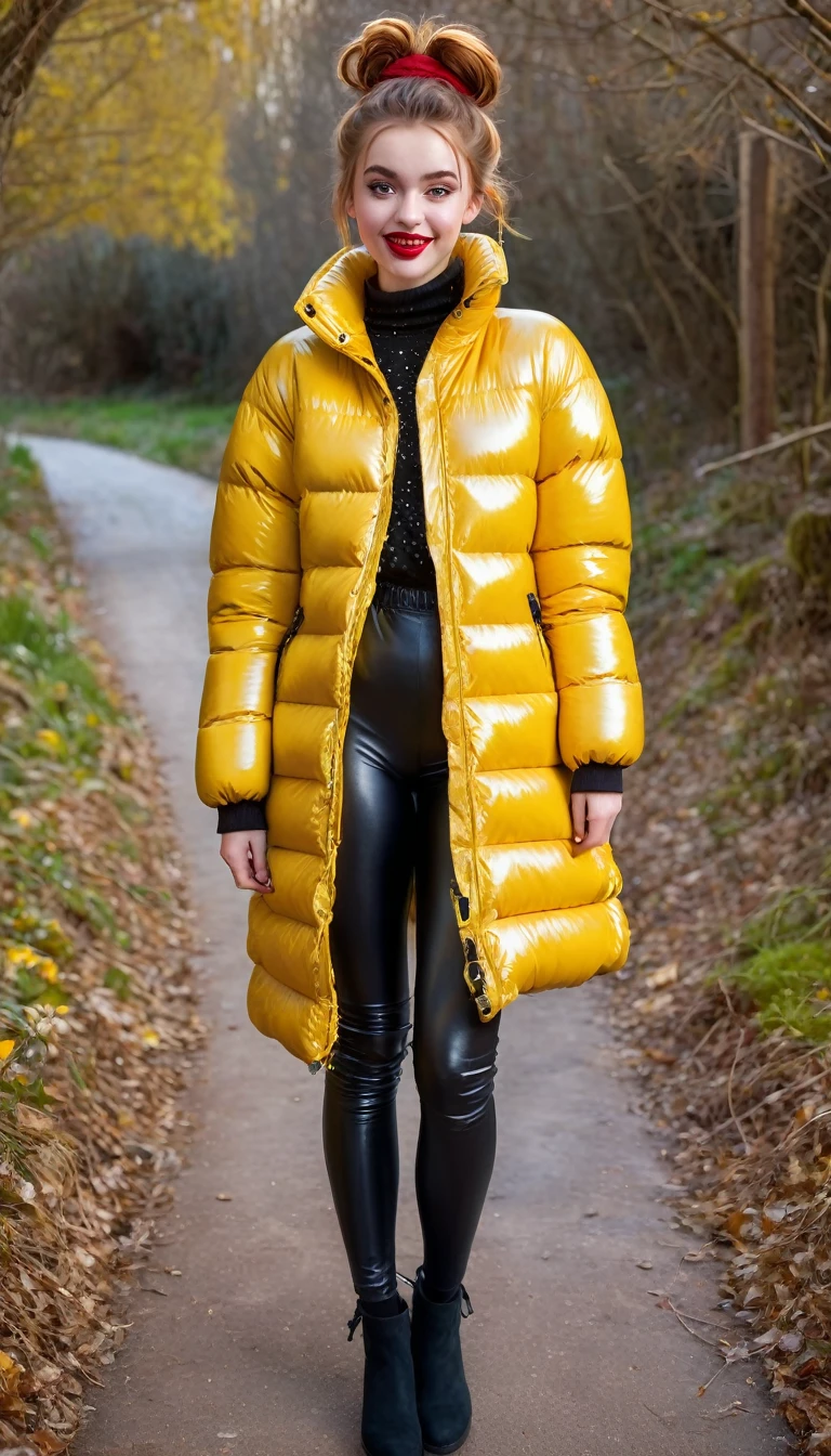 ultrarealistic high quality fullbody photo of a beautiful slim european teen girl with cute hyperdetailed shy face and natural redhead short messy bun and mischievous face, realistic round hazel eyes, red lips, dark eye makeup with eyeliner, wearing shiny yellow puffer jacket and faux leather leggins, hourglass body, outdoor shooting