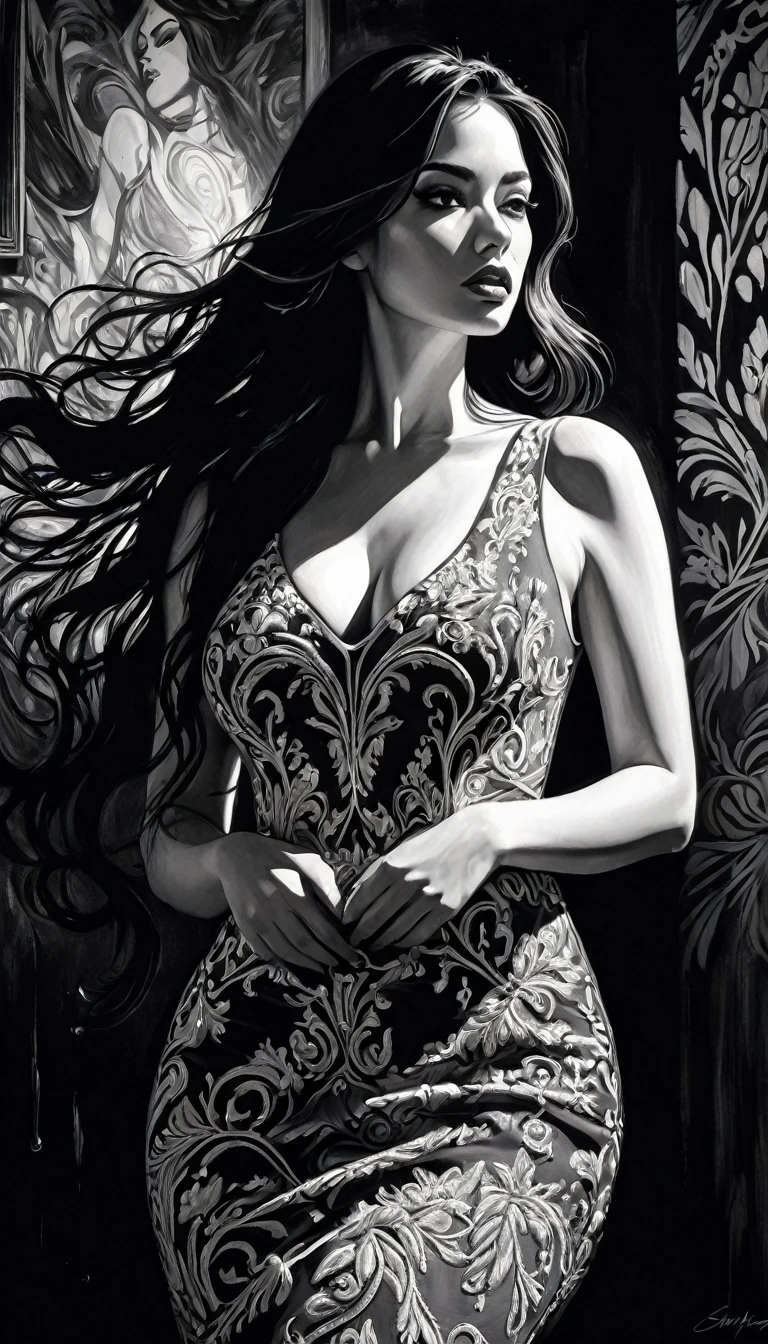 eroticism, sexy, black and white image, curvy girl, long black hair,embroidered sexy dress, between shadows, oil painting, chiaroscuro, sensual, dramatic lighting, moody atmosphere, photorealistic, intricate details, masterpiece, ultra-detailed, high quality, 8k, best quality, realistic, cinematic, dark and brooding, expressionistic, powerful composition, emotional impact, Bill Sienkiewicz inspired art