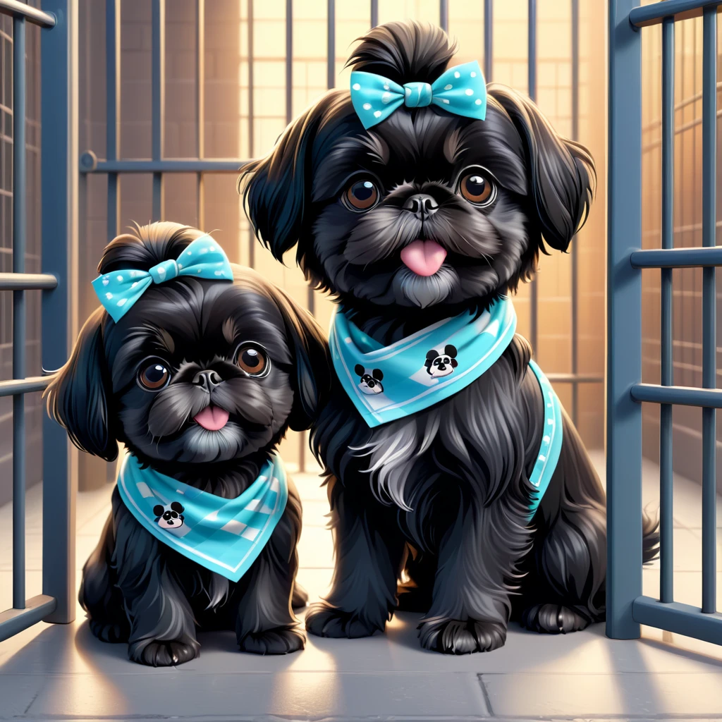 2 Adorable small black Shih Tzu puppies wearing bright bandannas in jail Disney background 3d cartoon 3d render disney pixar style