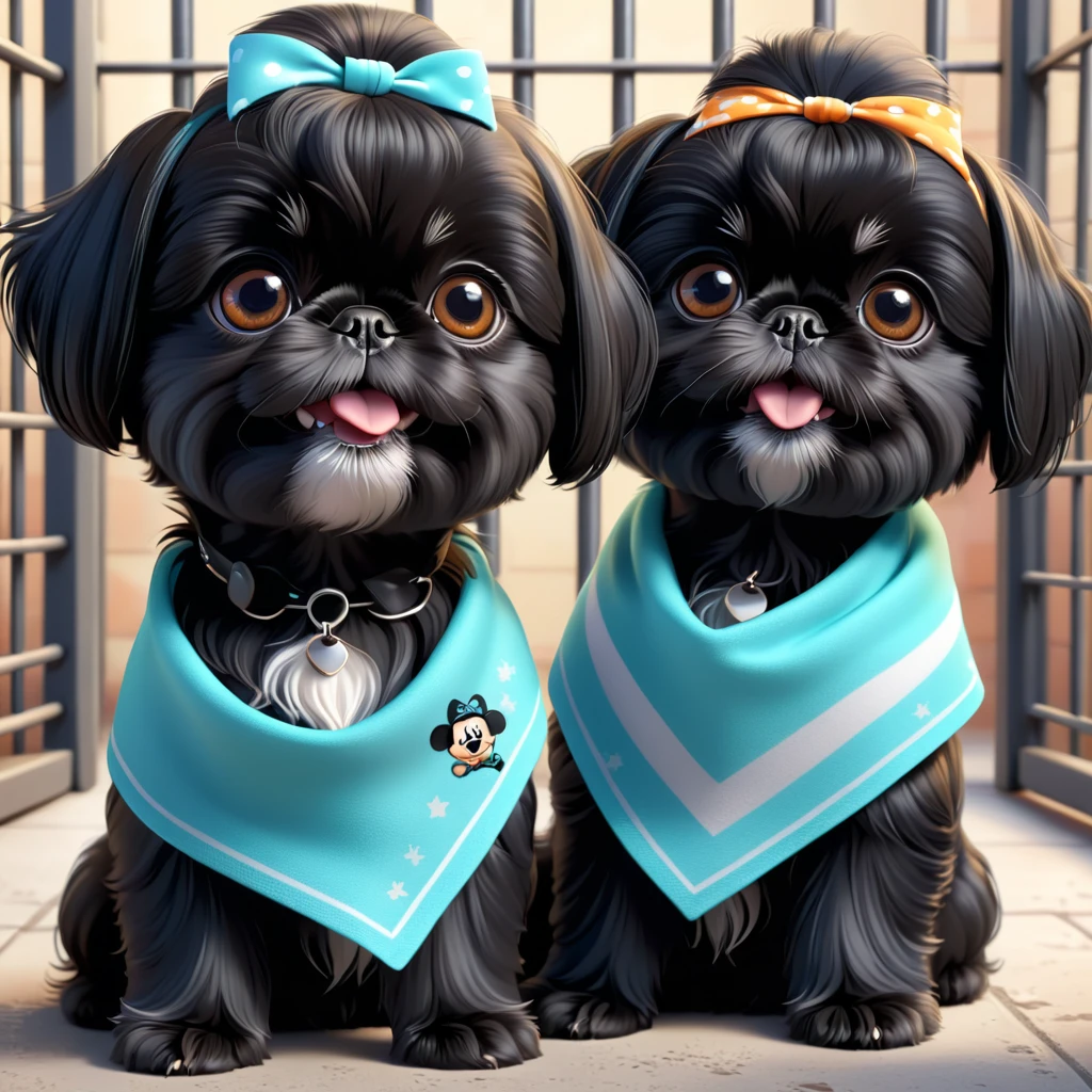 2 Adorable small black Shih Tzu puppies wearing bright bandannas in jail Disney background 3d cartoon 3d render disney pixar style