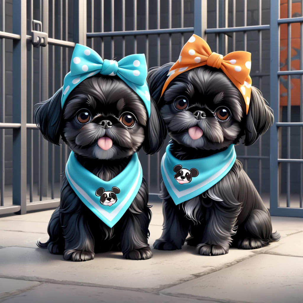 2 Adorable small black Shih Tzu puppies wearing bright bandannas in jail Disney background 3d cartoon 3d render disney pixar style
