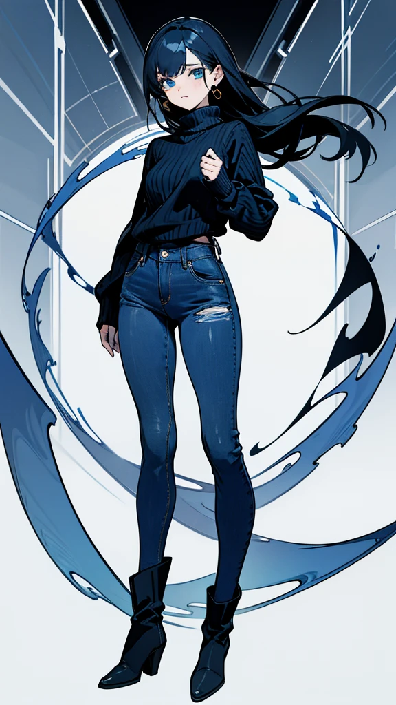 The woman wears a blue and black sweater, long jeans, and black boots. 