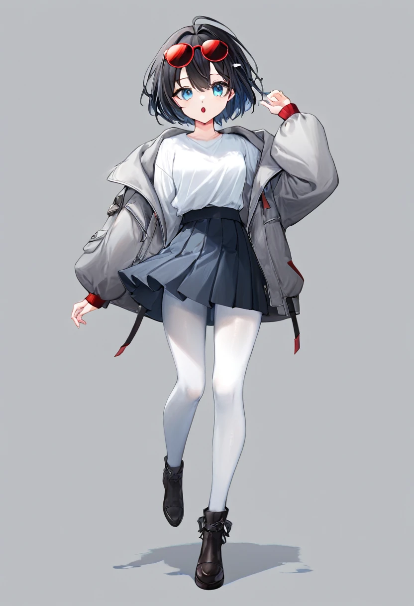 1girl, solo, loli, mesugaki, wearing sunglasses, black hair, short hair style, red headband, full body, long bangs, fang, mouth open, white shirt, grey jacket, long sleeves, light blue eyes, beautiful eyes, detailed eyes, looking at viewer, gradient background, skirt, white pantyhose, black shoes