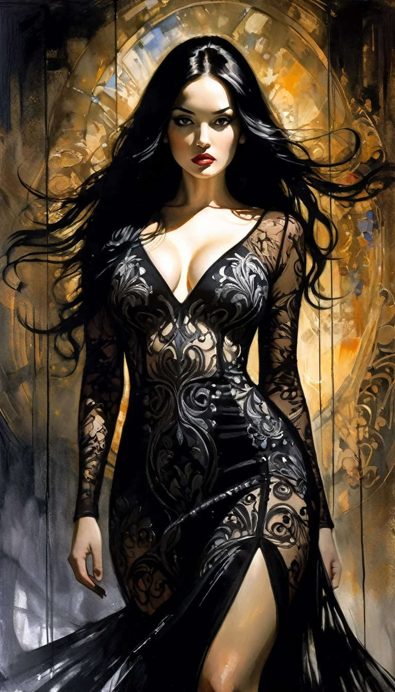 eroticism, sexy, black and white image, curvy girl, long black hair,embroidered sexy dress, between shadows, oil painting, chiaroscuro, sensual, dramatic lighting, moody atmosphere, photorealistic, intricate details, masterpiece, ultra-detailed, high quality, 8k, best quality, realistic, cinematic, dark and brooding, expressionistic, powerful composition, emotional impact, Bill Sienkiewicz inspired art
