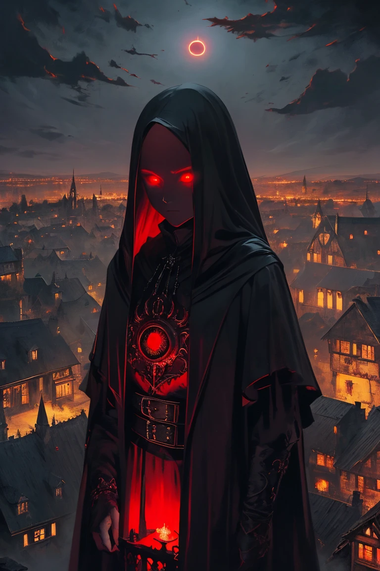 old European village shot with bird view, (Red glowing eyes), masterpiece, Depth of written boundary, Lutz, Gwaites style artwork, Gothic aesthetics, Dark Vampire village, ((in the dark gothic style cathle:1)), ((dark mid-night time:1.5)),