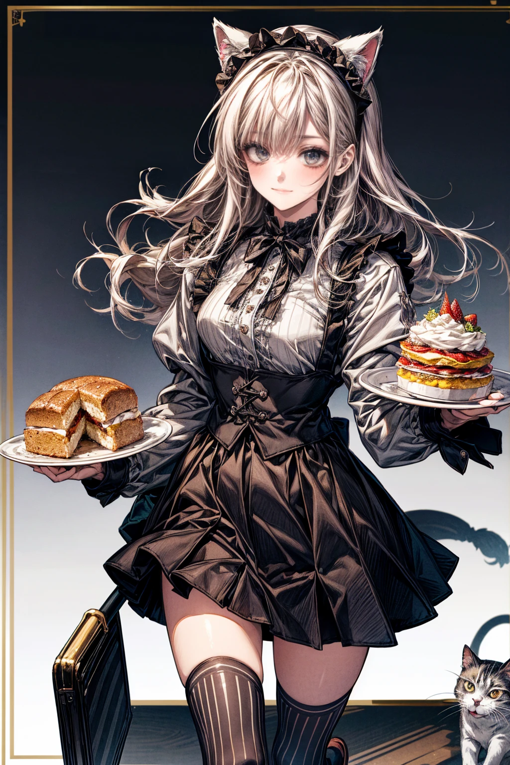 One Girl、(20-year-old woman)、Cat ears headband、Cat tail、Maid、Holding a tray with two parfaits on it in one hand、With the other hand, lift your skirt to show your underwear、Short skirt、White knee-high socks、Striped pants、Highest quality、8K、Beautiful Face、Mischievous smile、Wink、View Viewer、Bright cafe
