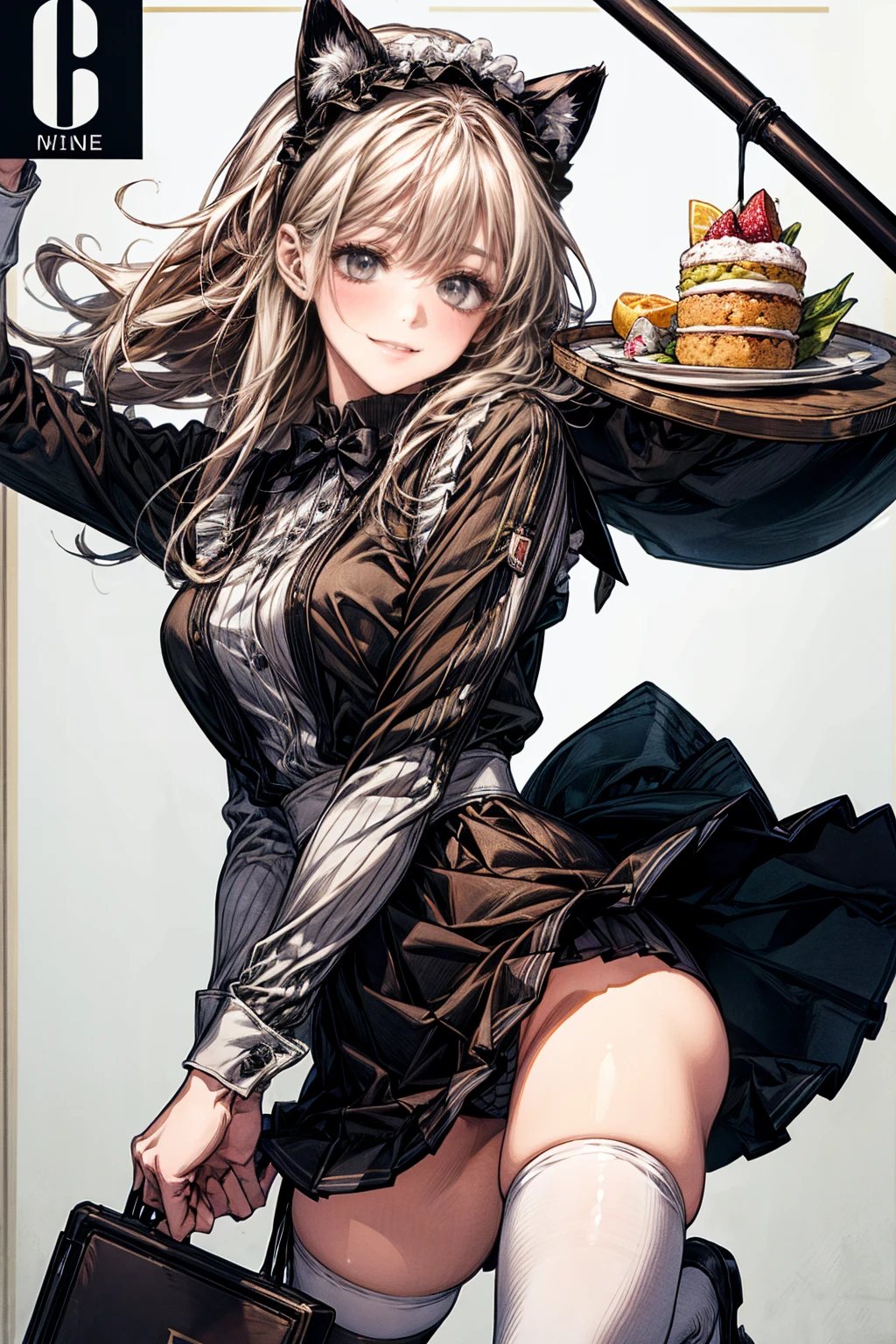 1 girl, small nose, very beautiful detailed face and eyes, bright colors, cute face, delicate beautiful face, Bright magenta eyes, cute eyes, sparkling eyes, Big eyes, (big breasts:1.3), (perky chest:1.1), (pointed chest:1.0), (cake magazine cover:1.3),highest quality, WorKs of masters, High resolution,BlacK color hair,shiny hair, side ponytail,hair between eyes,bangs, (black jacket, real clothes, cleavage, black skirts, black thighhighs, thigh strap, fingerless gloves, single glove:1.2) , spread legs, panties shot, medium hips, glamorous body, white skin, smile, thin pubric hair, super beautiful face, Super beautiful eyes, Super beautiful hair,trendy outfit,sexy and attractive,full body esbian, Real World, Natural light,perfect Natural light,(with sparkling eyes and a contagious smile), This masterpiece is not only visually stunning but also tells, make of cake cooking , in the kitchen, open mouth, looking at viewer,