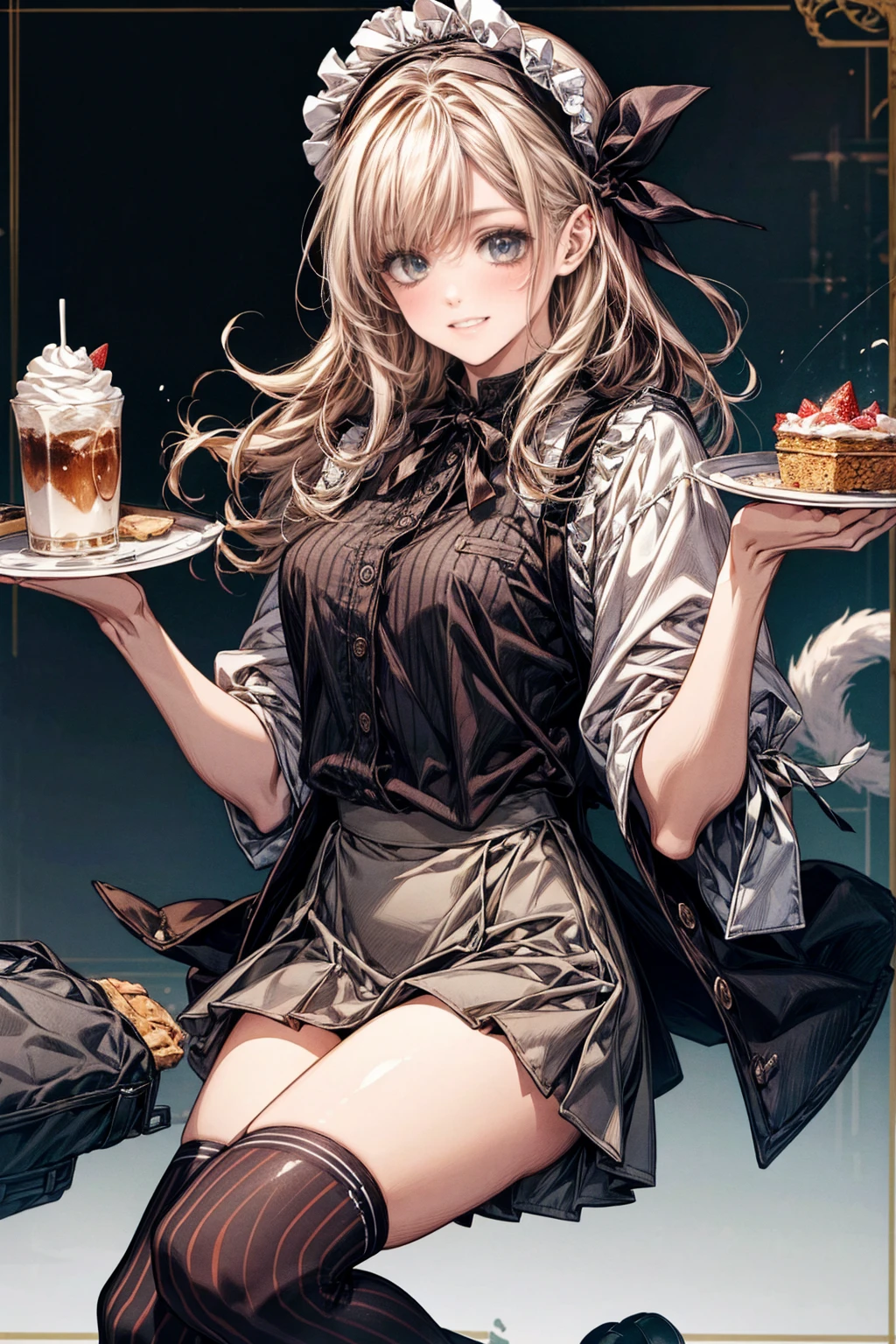 One Girl、(20-year-old woman)、Cat ears headband、Cat tail、Maid、Holding a tray with two parfaits on it in one hand、With the other hand, lift your skirt to show your underwear、Short skirt、White knee-high socks、Striped pants、Highest quality、8K、Beautiful Face、Mischievous smile、Wink、View Viewer、Bright cafe