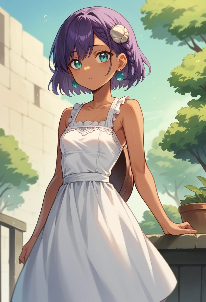 best quality, masterpiece, super high resolution, perfect anatomy, 1girl, purple hair, short hair, braided sidelocks, long bangs, medium sidelocks, shell hair ornament, shell earrings, sundress, sleeveless_dress, aqua eyes, small breasts, tanned skin, freckles, narrow waist, skinny, 23 years old, incredibly absurdres,