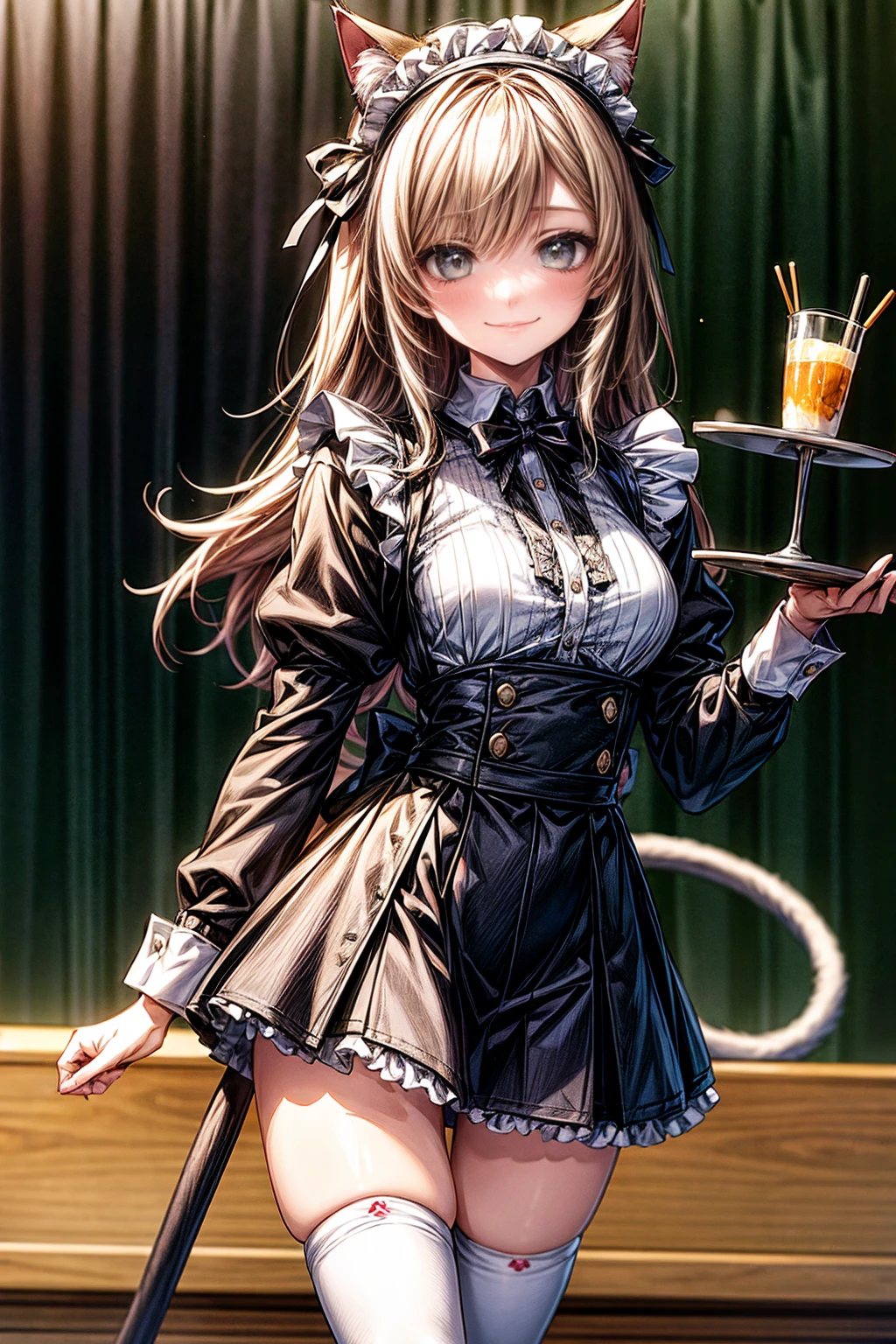 One Girl、(20-year-old woman)、Cat ears headband、Cat tail、Maid、Holding a tray with two parfaits on it in one hand、With the other hand, lift your skirt to show your underwear、Short skirt、White knee-high socks、Striped pants、Highest quality、8K、Beautiful Face、Mischievous smile、Wink、View Viewer、Bright cafe