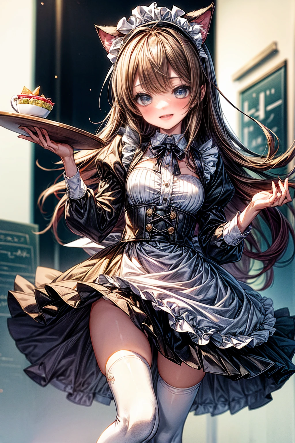 One Girl、(20-year-old woman)、Cat ears headband、Cat tail、Maid、Holding a tray with two parfaits on it in one hand、With the other hand, lift your skirt to show your underwear、Short skirt、White knee-high socks、Striped pants、Highest quality、8K、Beautiful Face、Mischievous smile、Wink、View Viewer、Bright cafe