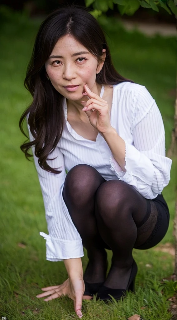 Browsing Caution, ((Highest quality)), ((8K)), ((masterpiece: 1.3)), (Perfect appearance), (Photorealism: 1.6), (woman squat on the grass), (She's squat down and showing me her panties.), Japanese women, (58 years old), ((Realistic skin texture 1.8)), (Fine wrinkles appear all over the skin: 1.3), (Dullness: 1.1), (Unmoisturized skin: 1.2) , (Facial wrinkles: 0.9), (Wrinkles around the eyes: 1.2), double eyelid, Lower eyelid tear trough, (Crying Mole: 0.9), The eyes are looking here, Serious look, (Dimples: 1.2), The gaze is directed diagonally upwards to the right., Long Hair, Soft fabric blouse, Wide sleeves, Cuffs that fit your wrist, (The bottom of the blouse is tucked into the skirt: 1.2), flare skirt, Roll up your skirt, (Leg spread), High heels, (panties), (panties under pantyhose: 1.2), (pantyhose), (Panty shot: 1.2), squat, underwear, white panties, (whole body),