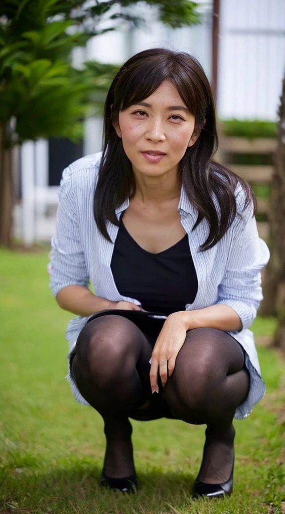 Browsing Caution, ((Highest quality)), ((8K)), ((masterpiece: 1.3)), (Perfect appearance), (Photorealism: 1.6), (woman squat on the grass), (She's squat down and showing me her panties.), Japanese women, (58 years old), ((Realistic skin texture 1.8)), (Fine wrinkles appear all over the skin: 1.3), (Dullness: 1.1), (Unmoisturized skin: 1.2) , (Facial wrinkles: 0.9), (Wrinkles around the eyes: 1.2), double eyelid, Lower eyelid tear trough, (Crying Mole: 0.9), The eyes are looking here, Serious look, (Dimples: 1.2), The gaze is directed diagonally upwards to the right., Long Hair, Soft fabric blouse, Wide sleeves, Cuffs that fit your wrist, (The bottom of the blouse is tucked into the skirt: 1.2), flare skirt, Roll up your skirt, (Leg spread), High heels, (panties), (panties under pantyhose: 1.2), (pantyhose), (Panty shot: 1.2), squat, underwear, white panties, (whole body),