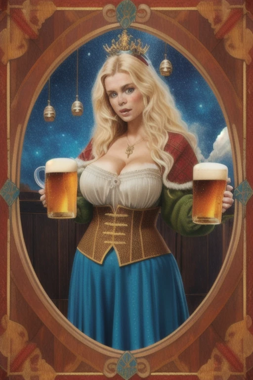 ((best qualityer)), ((work of art)), (detailded), Goddess Freya, beautfull woman, blonde, Attractive  woman, voluptuous, slim, busty, Broad Hips, wide thighhighs, clear eyes, short in stature, freckles on the face, nordic clothes, holding a wooden mug with beer,