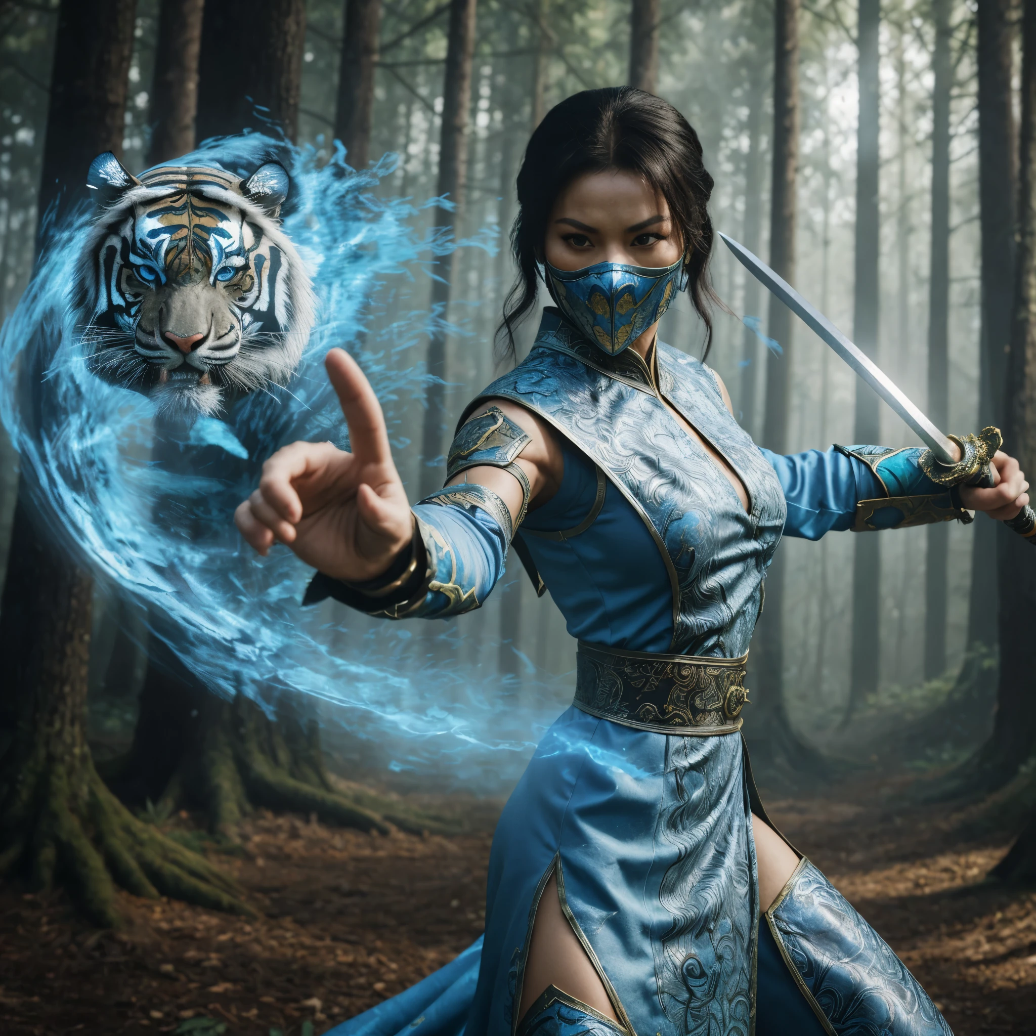 Realistic, masterpiece. a legendary Mortal Kombat warrior. She is captured in dynamic fighting poses, with intense expressions and a forest in the background. Adorned in a gorgeous blue dress and matching brocade mask, she wields a legendary sword, ready for battle. The spirit of a blue tiger is superimposed on it. It is a full body shot in 4k resolution.