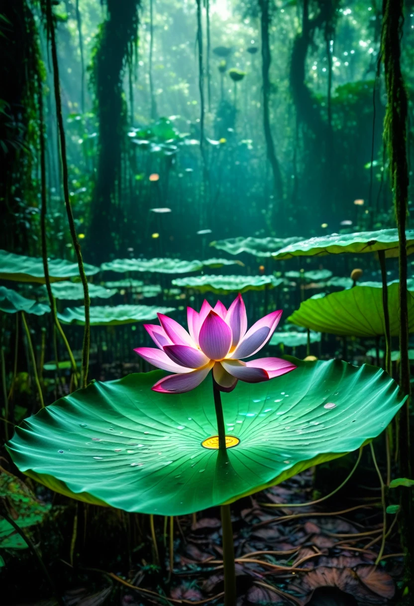 A single lotus flower with spores flying around it in a clearing in the middle of the Amazon rainforest. Neon colors. magical. magic. realist. 
