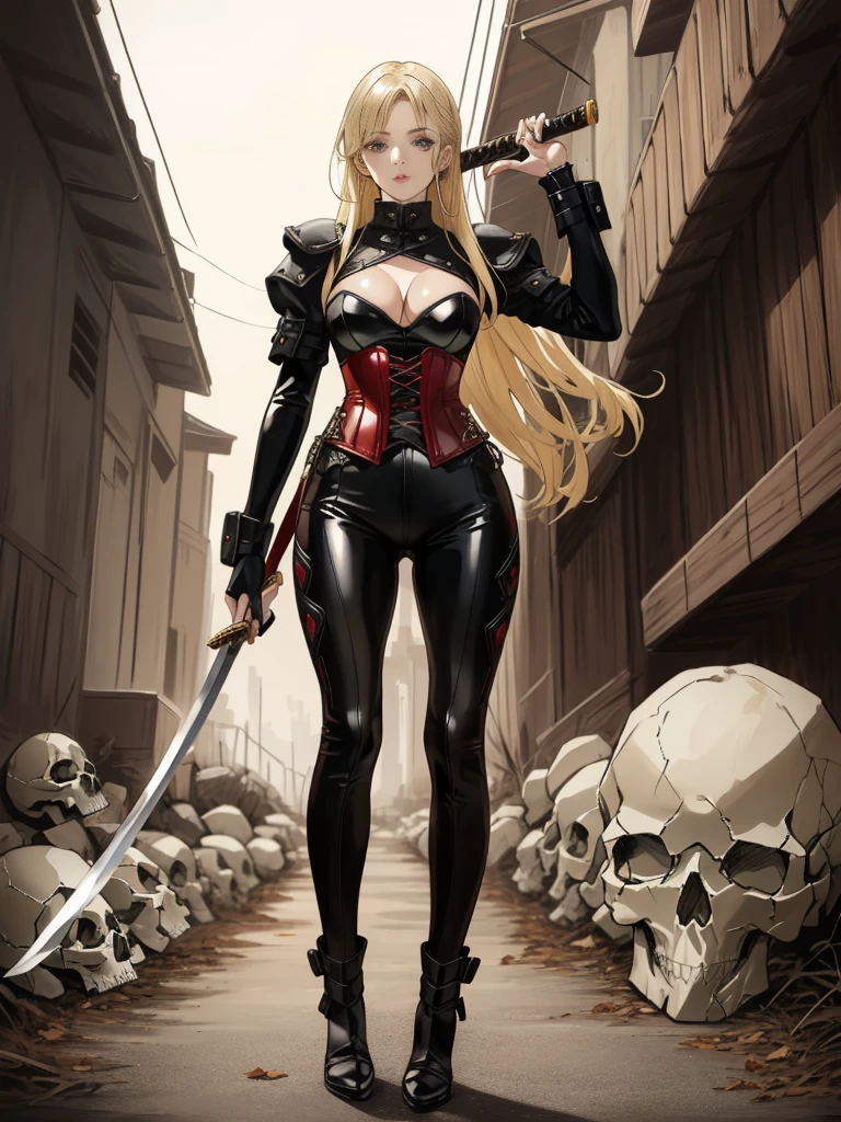 a dominatrix girl, ponytails, sunglasses, leather outfit, dominant, (muscular), long sleeves, black gloves, double-breasted, black knee-high boots,devious, seductive, evil, confident, belt, military uniform with (long coat with popped top coat collar), ((sit on pile of dead bodies)), (femdom), (female domination), (female supremacy)