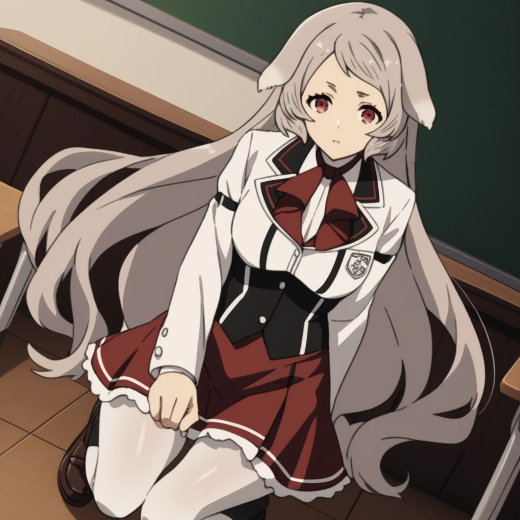 score_9, score_8_up, score_7_up, source_anime,
pursenaadoldia,
pursena adoldia, long hair, red eyes, animal ears, very long hair, grey hair,
skirt, long sleeves, pantyhose, frills, shoes, red skirt, loafers, white pantyhose, blazer, white blazer, corset, black corset,
indoors, classroom,
looking at viewer, dutch angle, cowboy shot,