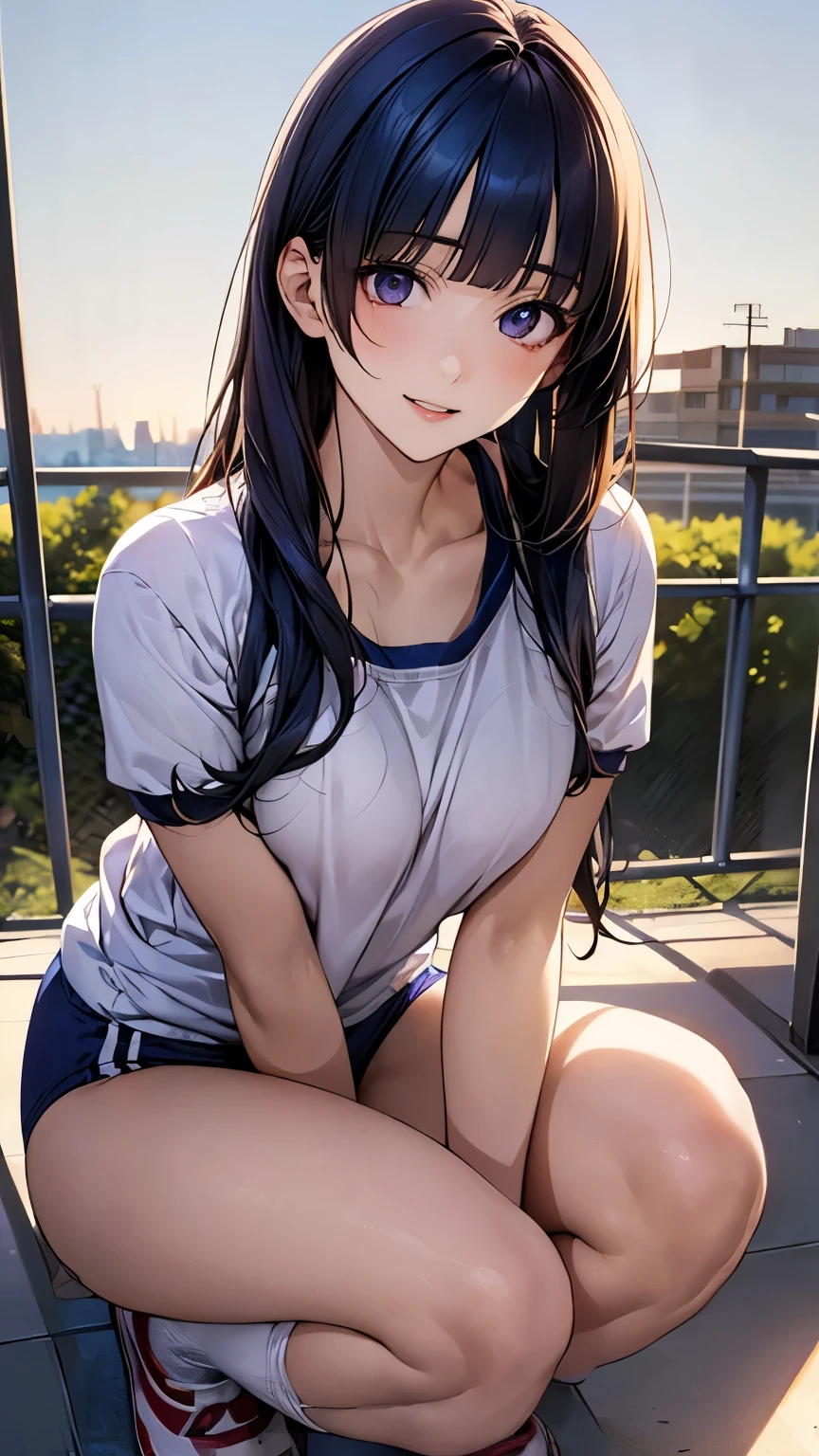 (masterpiece:1.2, top-quality), (realistic, photorealistic:1.4), beautiful illustration, (natural side lighting, movie lighting), nsfw, 
looking at viewer, 1 girl, japanese, high school girl, perfect face, cute and symmetrical face, shiny skin, 
(long hair:1.4, hime style, hime cut, navy blue hair), blunt bangs, purple eyes, big eyes, long eye lasher, (medium breasts, seductive thighs), slender, 
beautiful detailed hair, beautiful detailed face, beautiful detailed eyes, beautiful clavicle, beautiful body, beautiful chest, beautiful thigh, beautiful legs, beautiful fingers, 
(gym uniform, buruma), 
(beautiful scenery), evening, (school grounds), squatting, (lovely smile, upper eyes, parted lips),